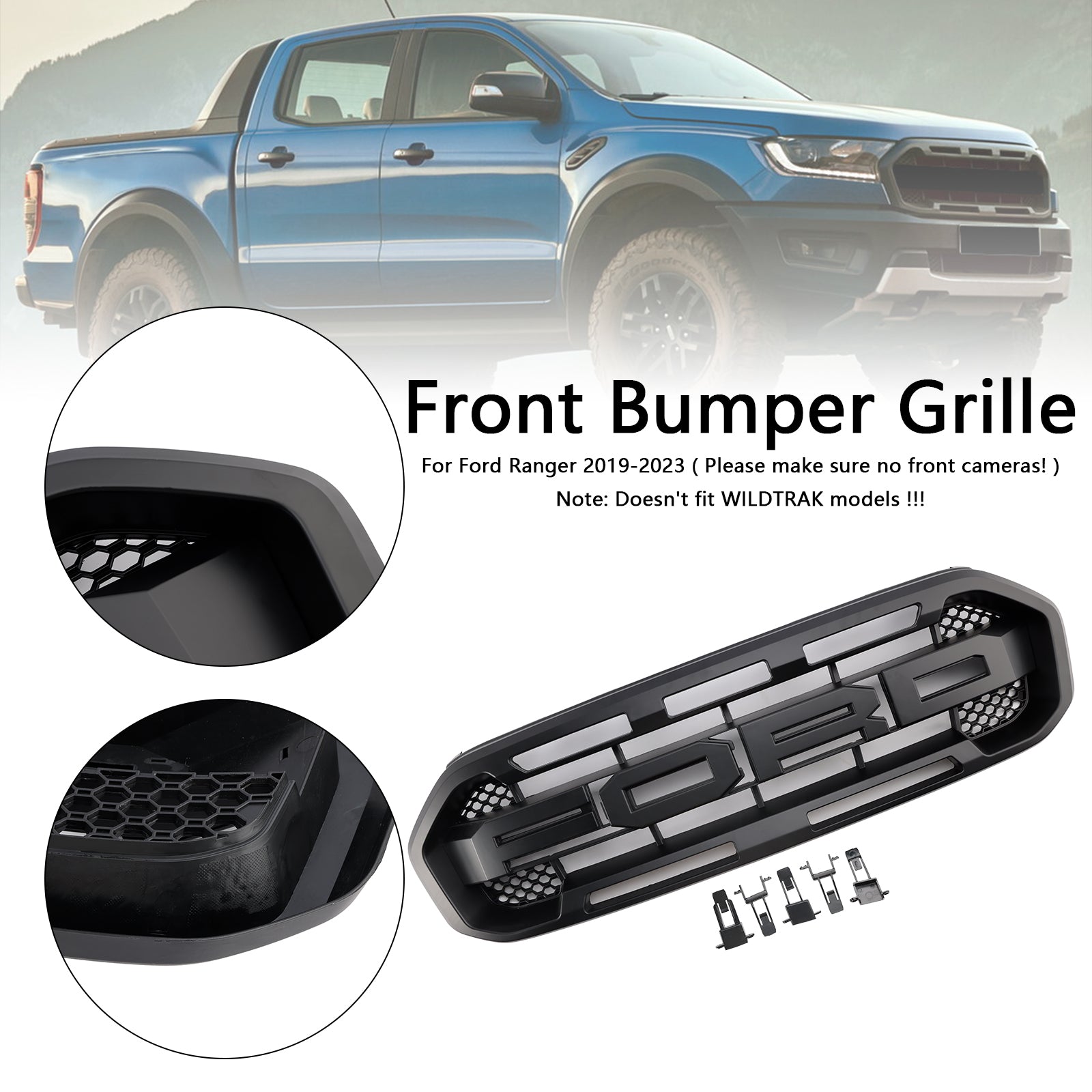 Raptor Style Front Challed Grille Grill Fit Ford Ranger 2019-2023 Black
