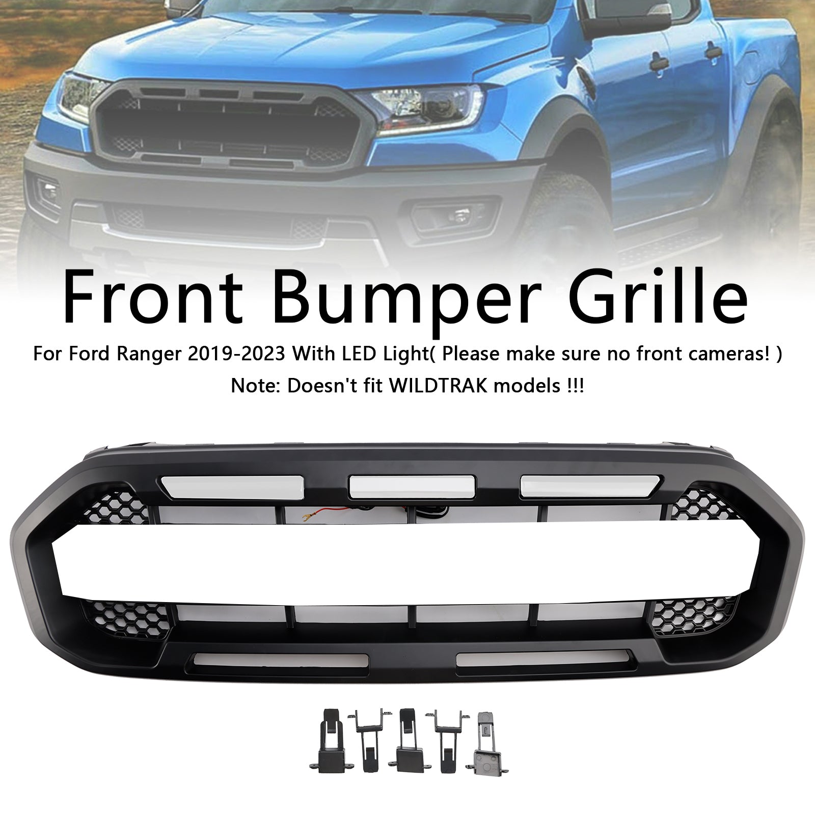 2019-2023 Ford Ranger W/White led Raptor Style Front Bumper Grill Grille Black