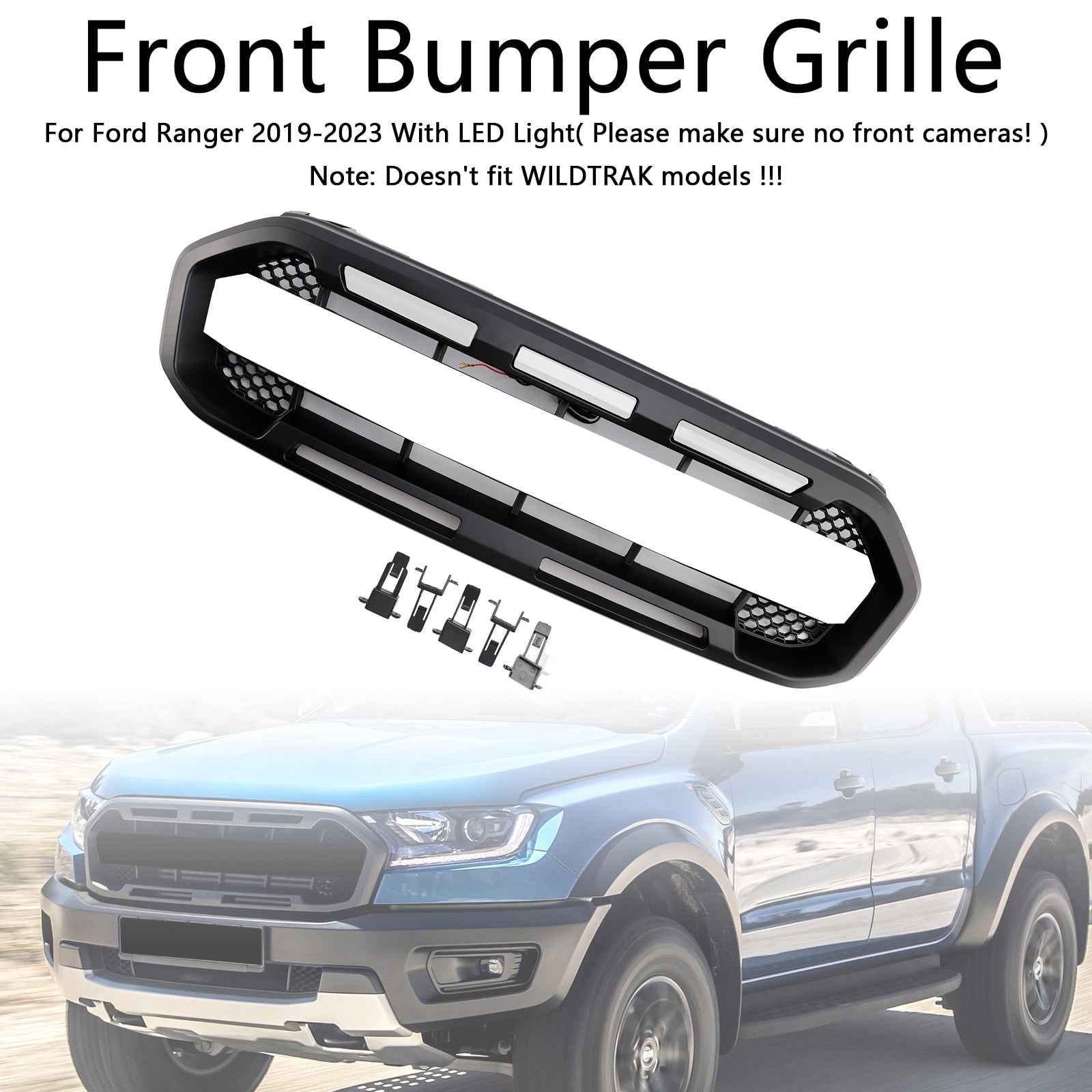 2019 2020 2021 2022 2023 Ford Ranger W/Wit Led Raptor Stijl Voorbumper Grill Grille Zwart