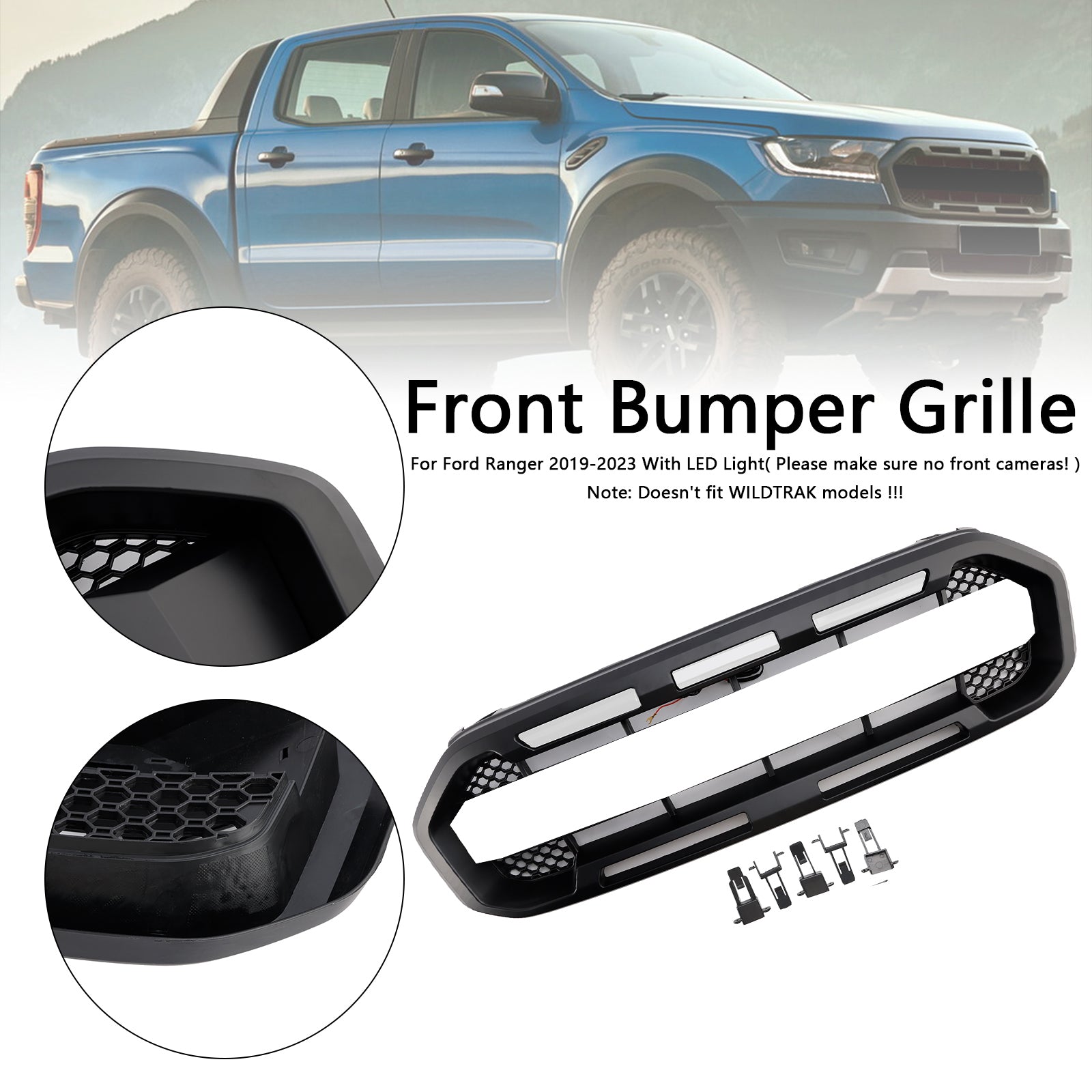 2019-2023 Ford Ranger avec LED blanche Raptor Style calandre de pare-chocs avant noire
