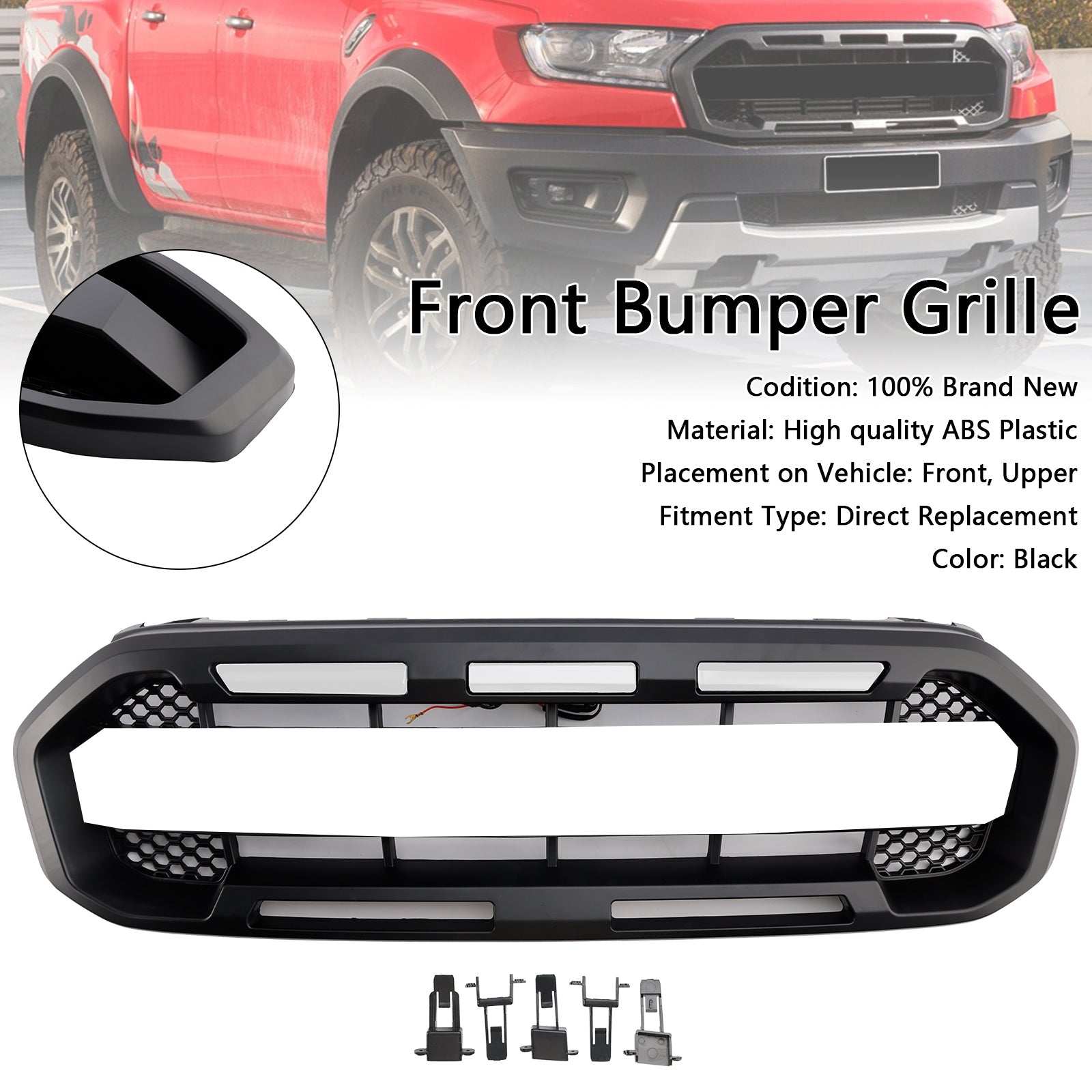 2019 2020 2021 2022 2023 Ford Ranger W/Wit Led Raptor Stijl Voorbumper Grill Grille Zwart