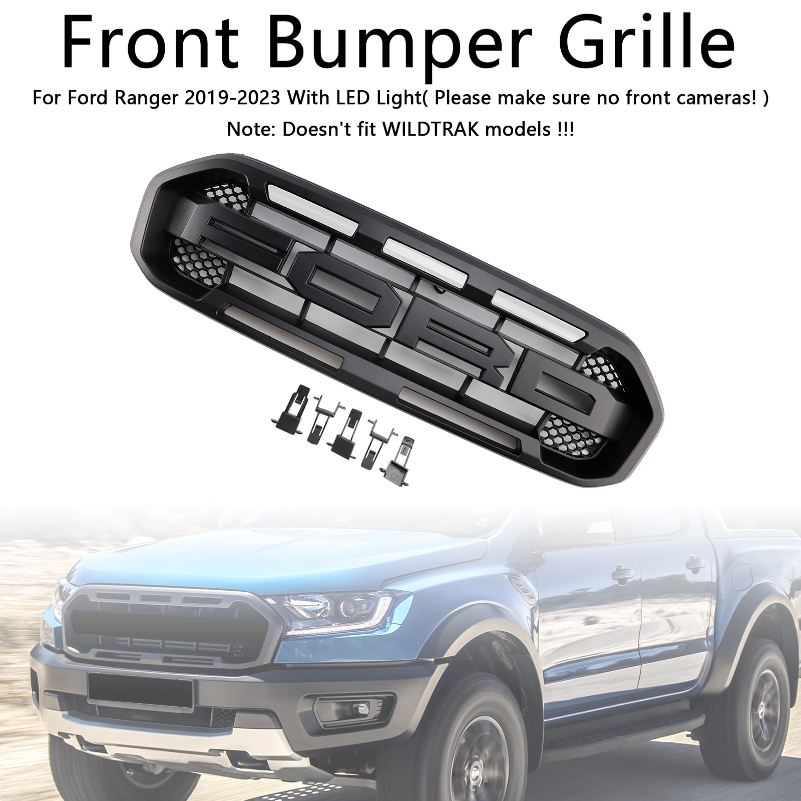 2019-2023 Ford Ranger met witte led Raptor-stijl voorbumpergrille, zwart