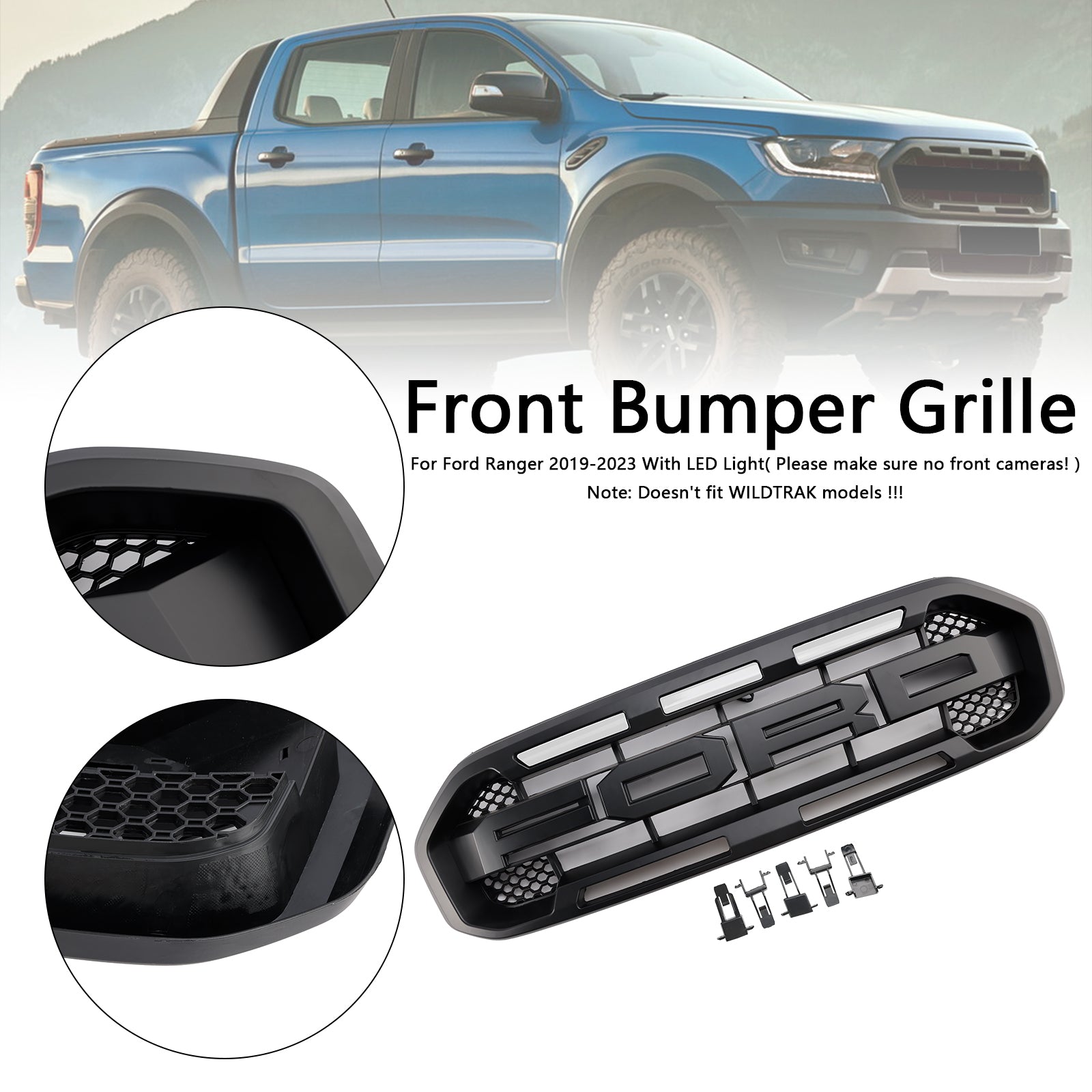 2019-2023 Ford Ranger met witte led Raptor-stijl voorbumpergrille, zwart