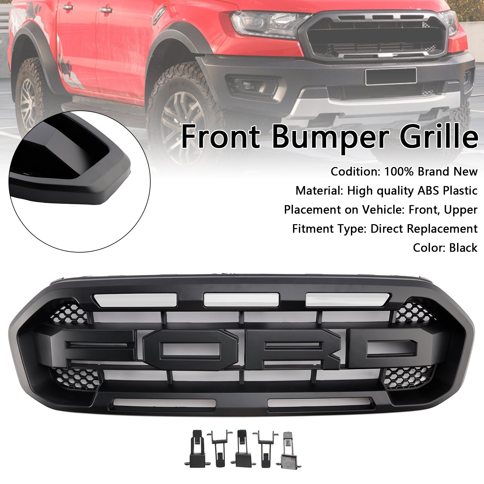 2019-2023 Ford Ranger met witte led Raptor-stijl voorbumpergrille, zwart