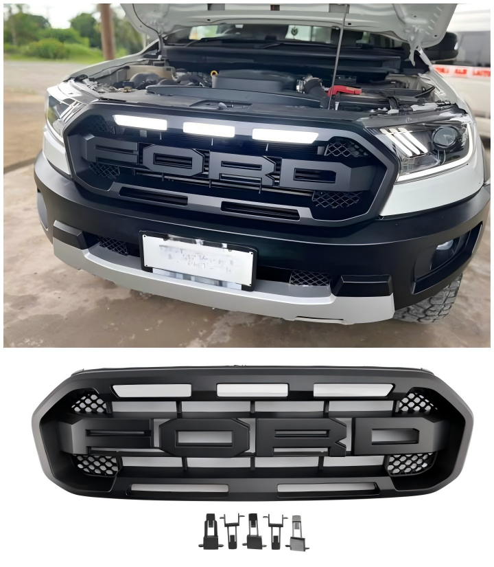 2019-2023 Ford Ranger met witte led Raptor-stijl voorbumpergrille, zwart
