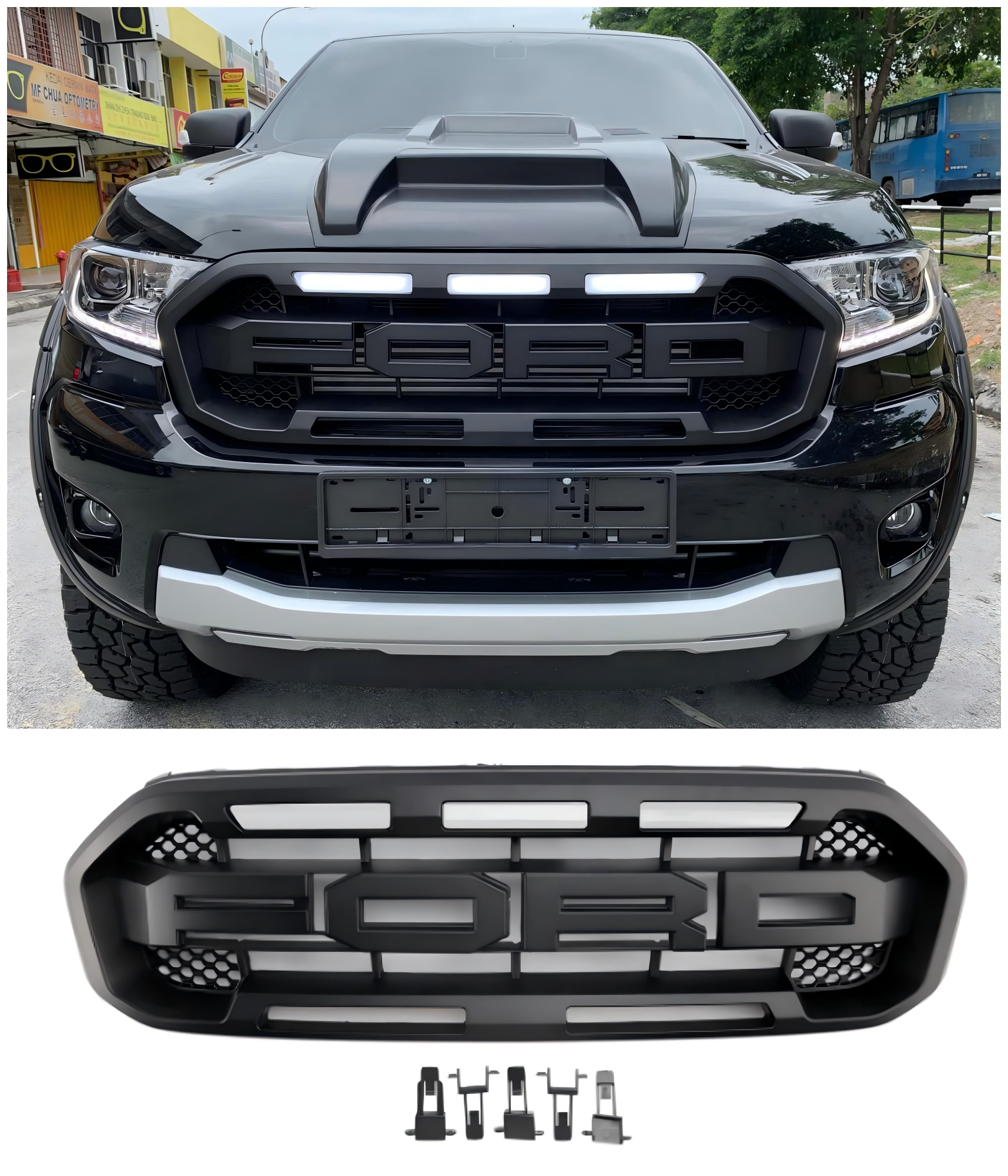 2019-2023 Ford Ranger met witte led Raptor-stijl voorbumpergrille, zwart