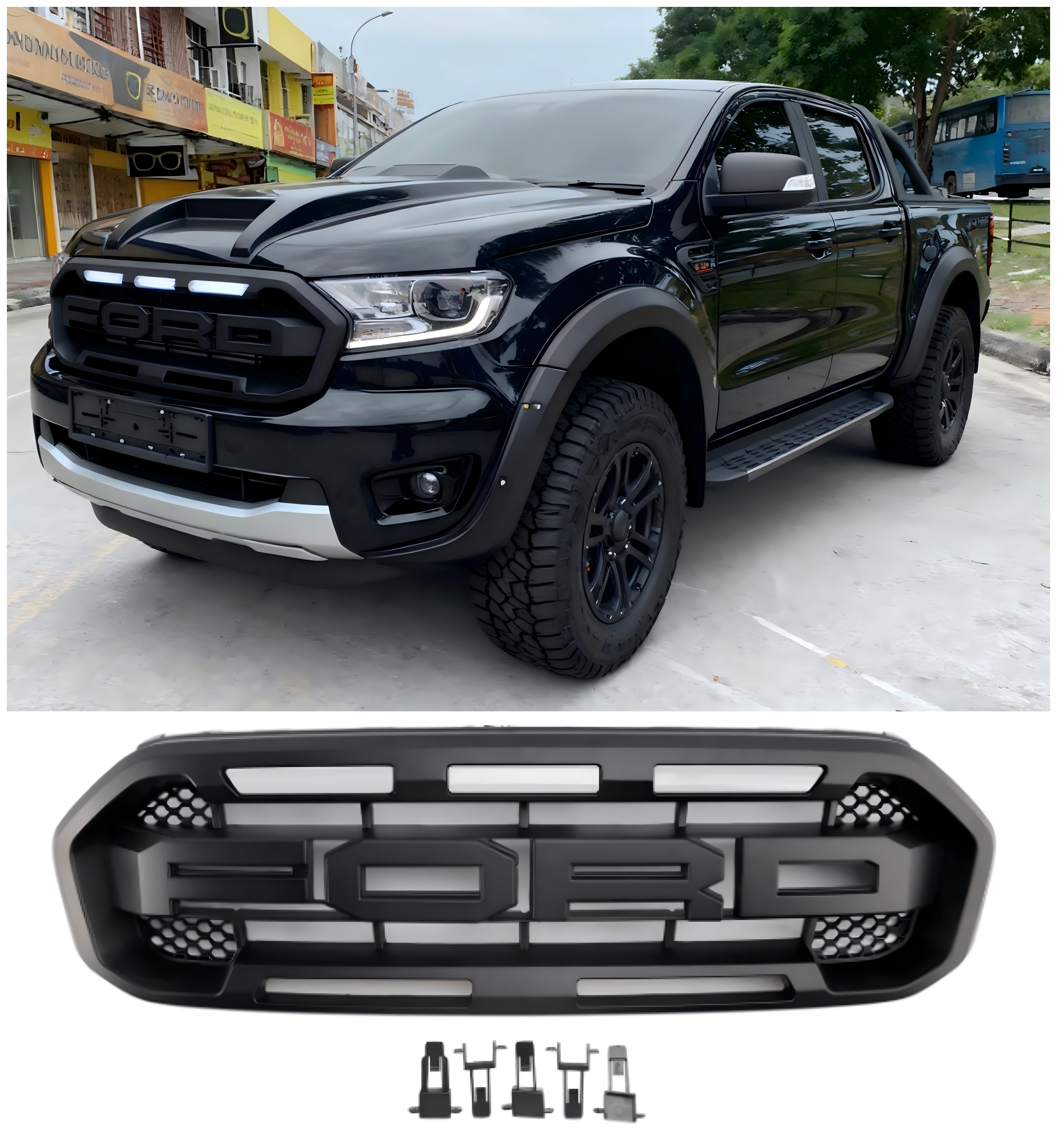 2019-2023 Ford Ranger met witte led Raptor-stijl voorbumpergrille, zwart