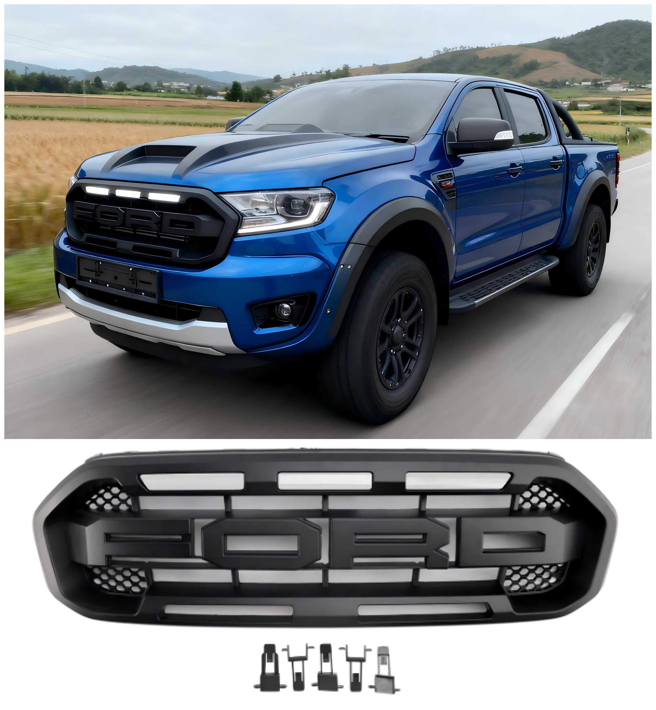 2019-2023 Ford Ranger met witte led Raptor-stijl voorbumpergrille, zwart