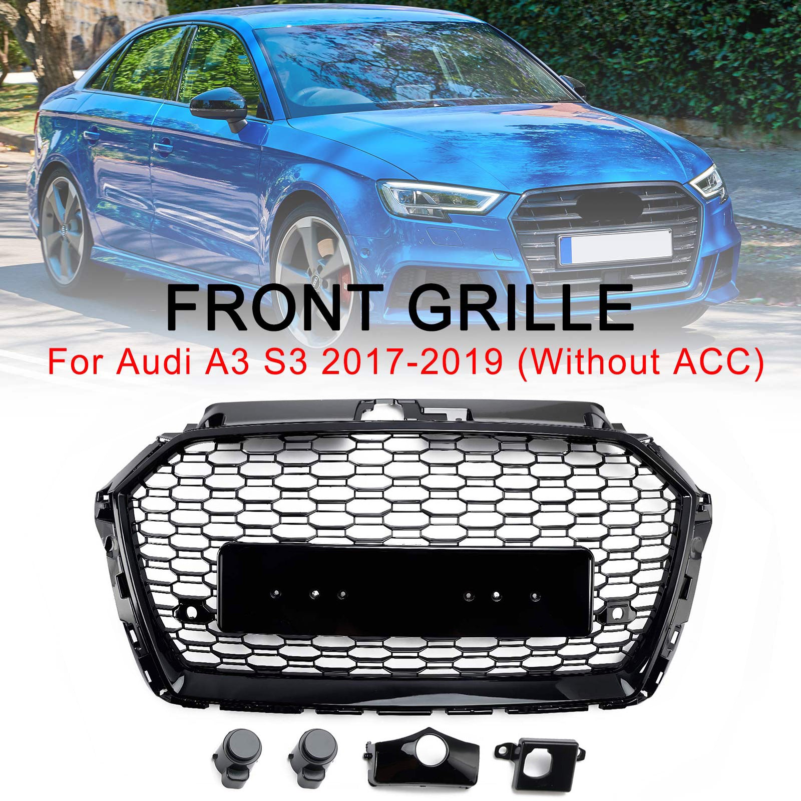 Rejilla de parachoques delantero de malla de panal estilo Audi A3 8V RS3 2017-2019, color negro