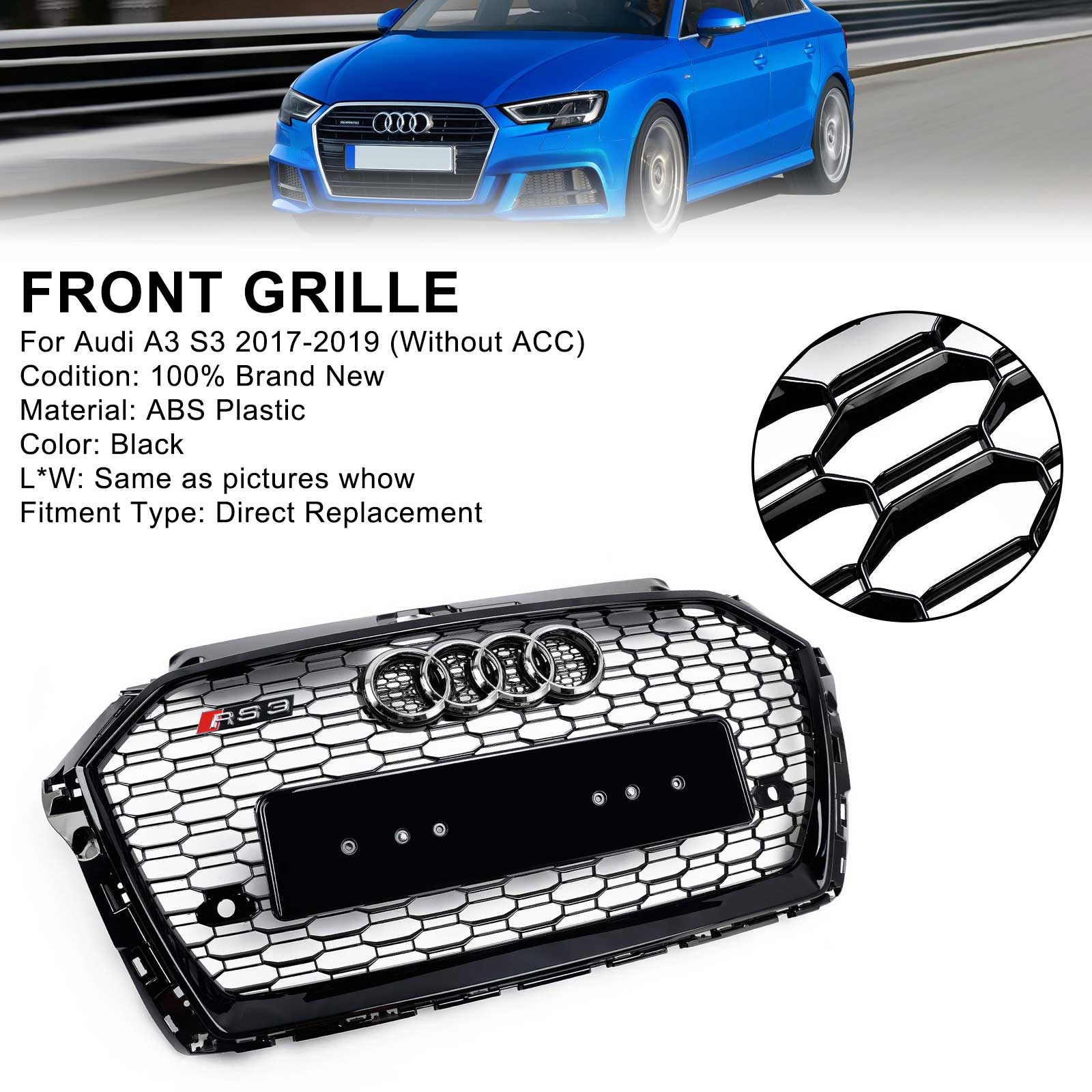 2017-2019 Audi A3 8V RS3 Style Honeycomb Mesh Front Bumper Grille Black