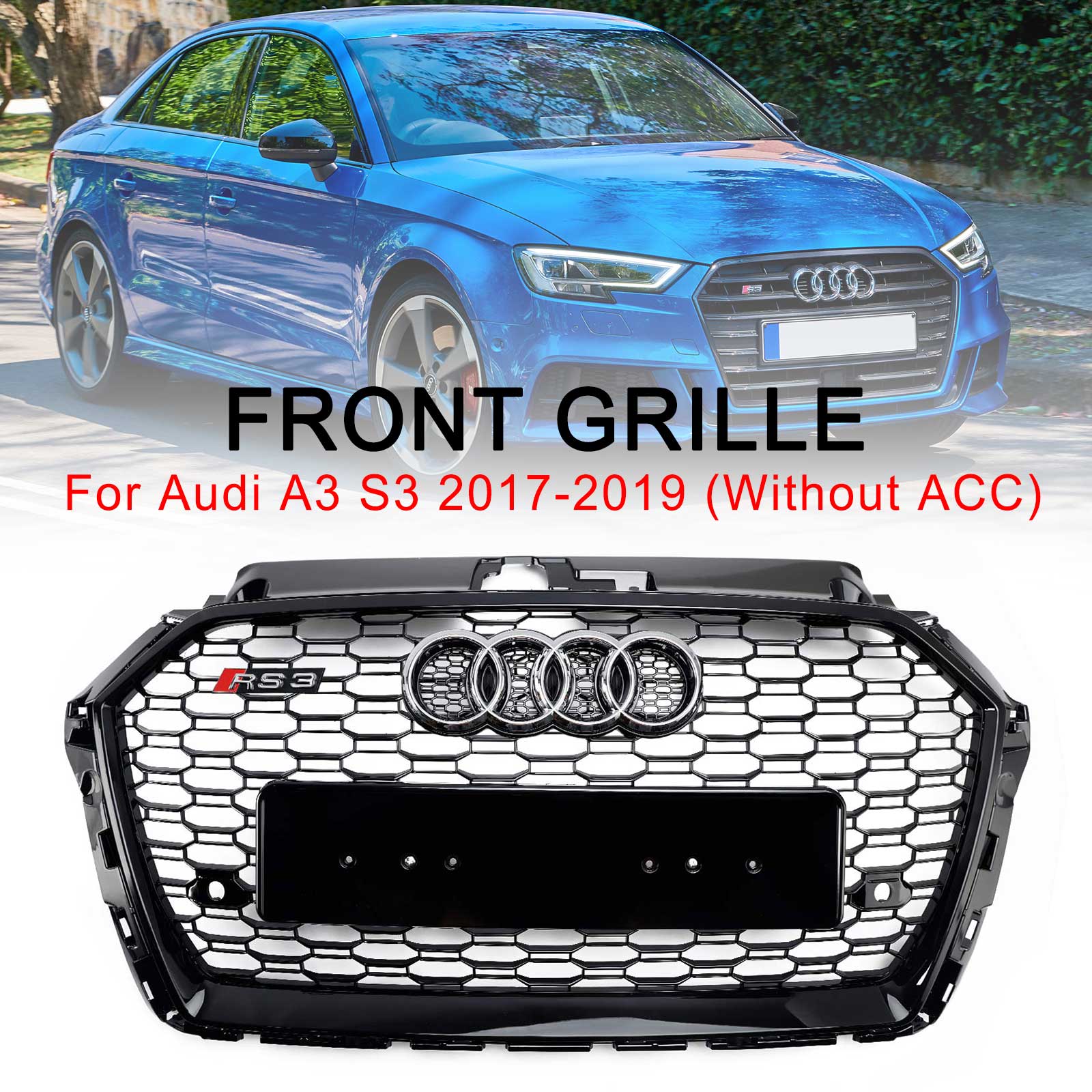 2017-2019 Audi A3 8V RS3 Style Honeycomb Mesh Front Bumper Grille Black