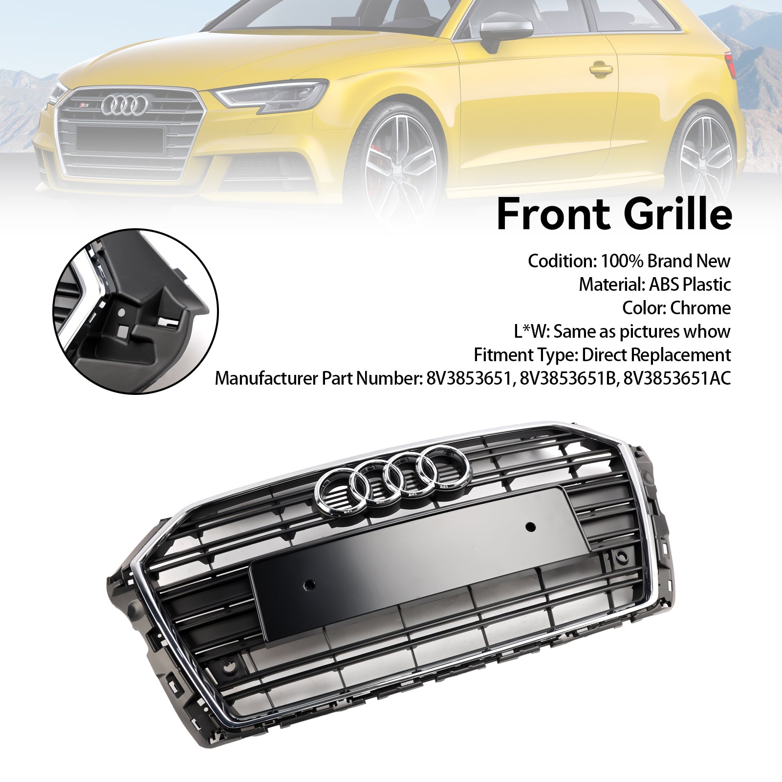 2017-2019 Audi A3 S3 Front Bumper Grill Grill 8v3853651 Chrome 8v3853651b