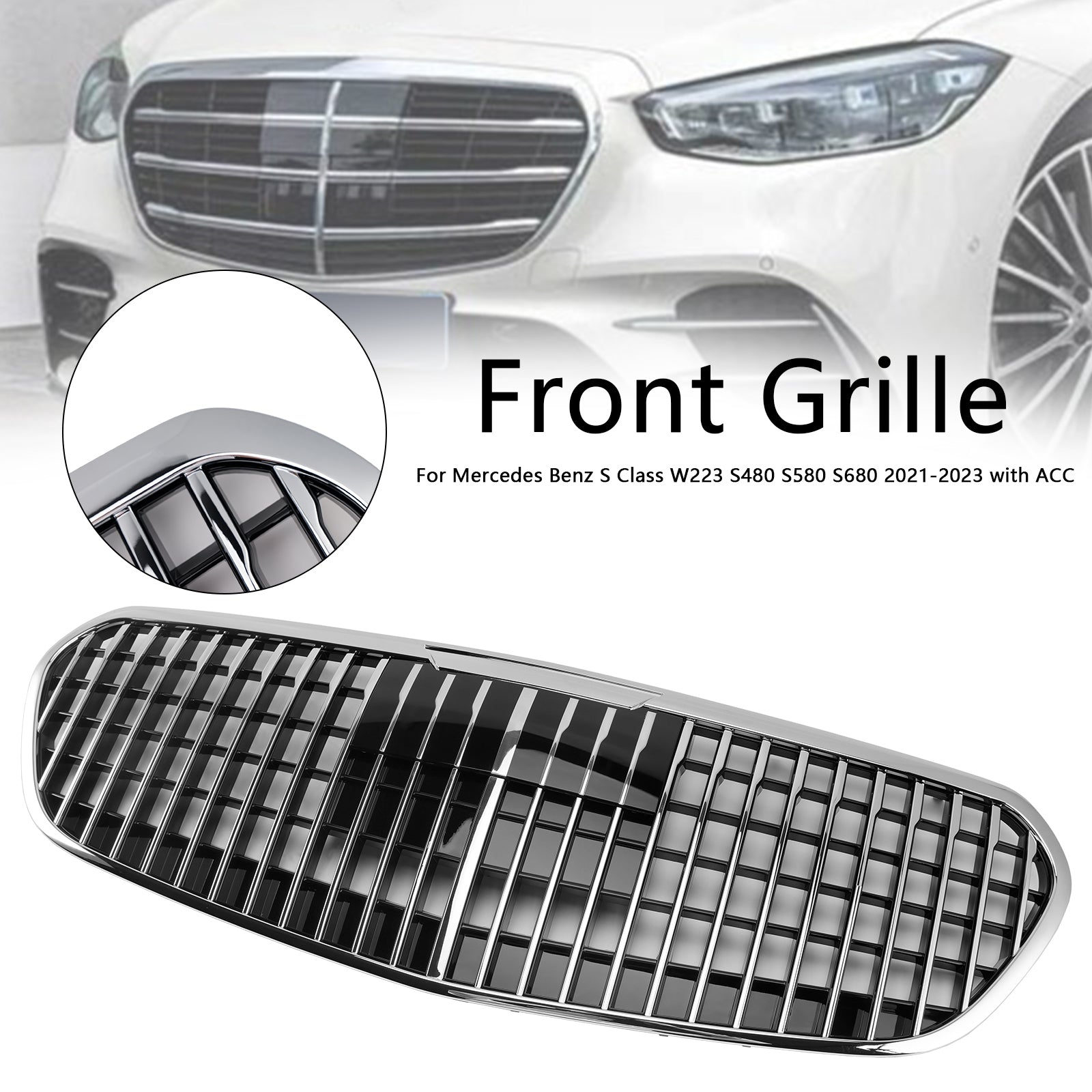 Mercedes Benz Classe S 2021-2023 W223 S480 S580 S680 + Grade do para-choque dianteiro cromada com ACC