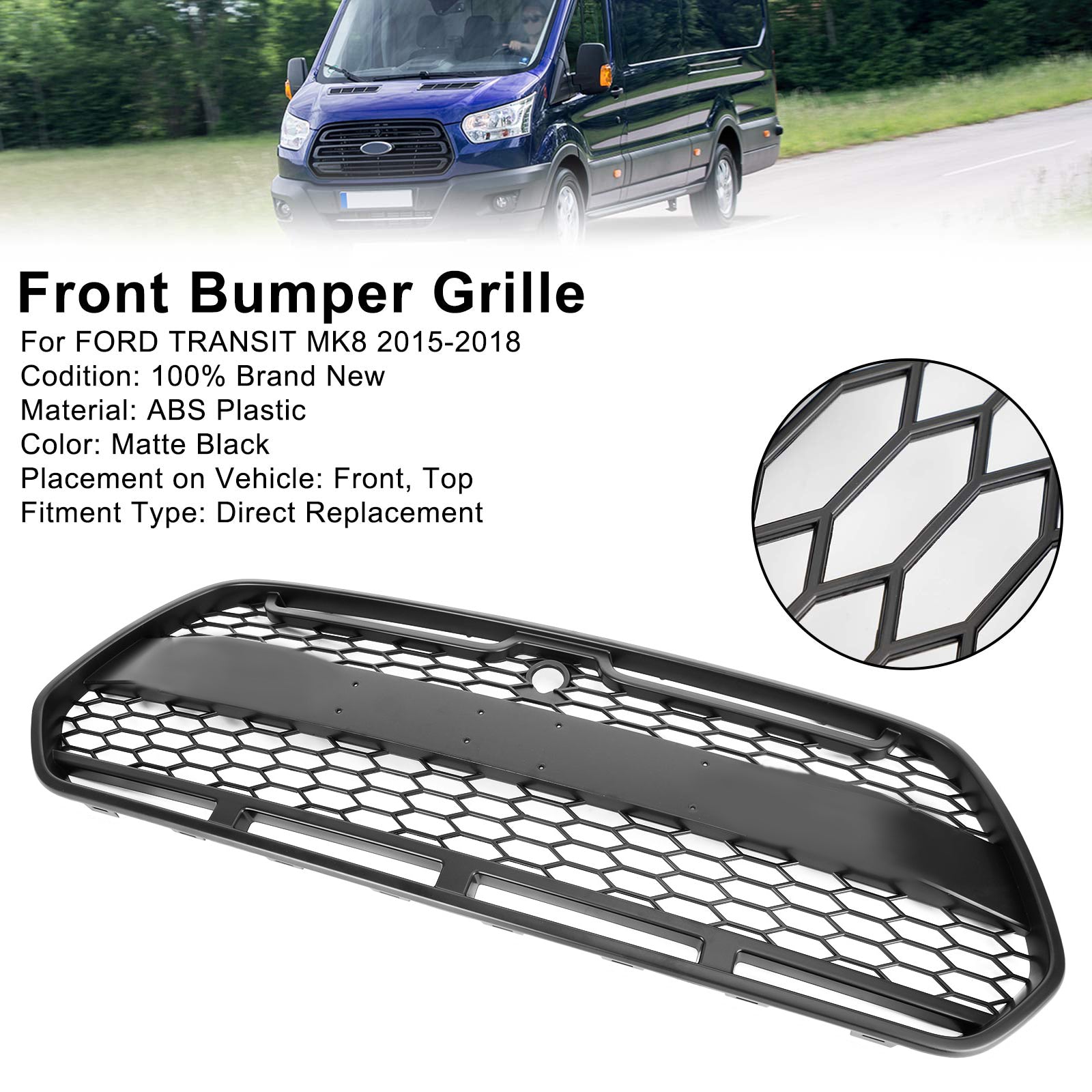 2015-2018 Ford Transit MK8 Raptor Upgrade Agressieve stijl Matzwarte voorbumpergrille