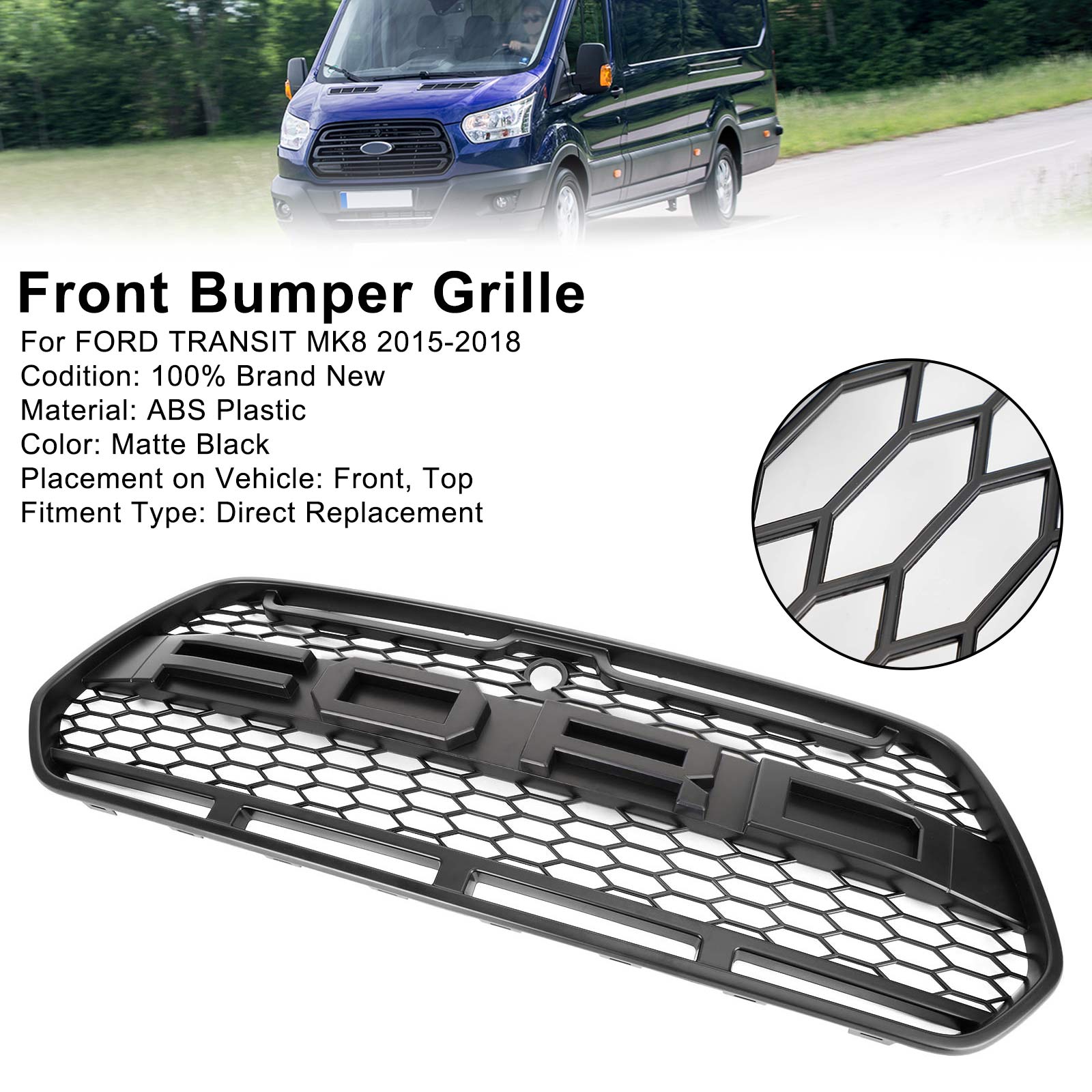 Grille de calandre de pare-chocs avant noir mat Ford Transit MK8 Raptor 2015-2018