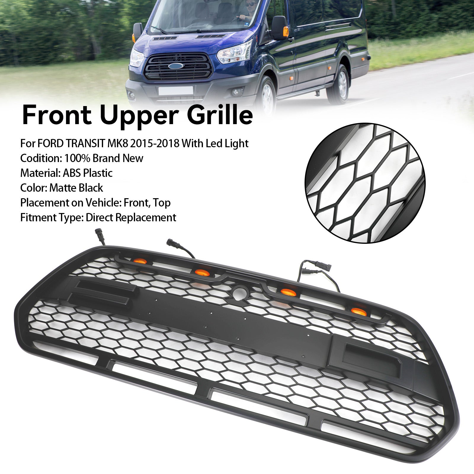 2015 2016 2017 2018 Ford Transit MK8 Raptor Parrilla de parachoques delantero negro mate con LED