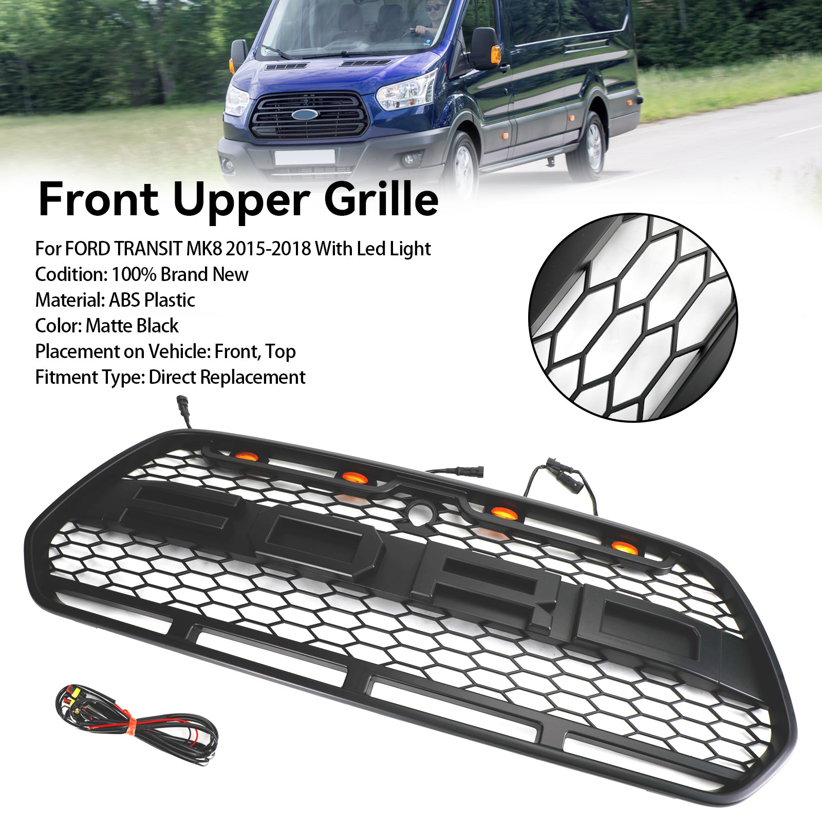 Matzwarte voorbumpergrille met LED geschikt voor Ford Transit MK8 2015-2018 Raptor