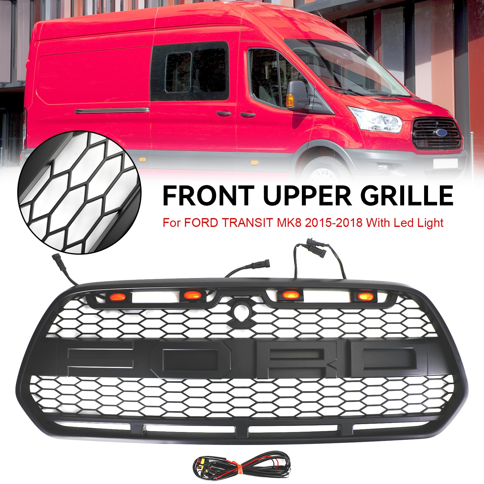 Matzwarte voorbumpergrille met LED geschikt voor Ford Transit MK8 2015-2018 Raptor