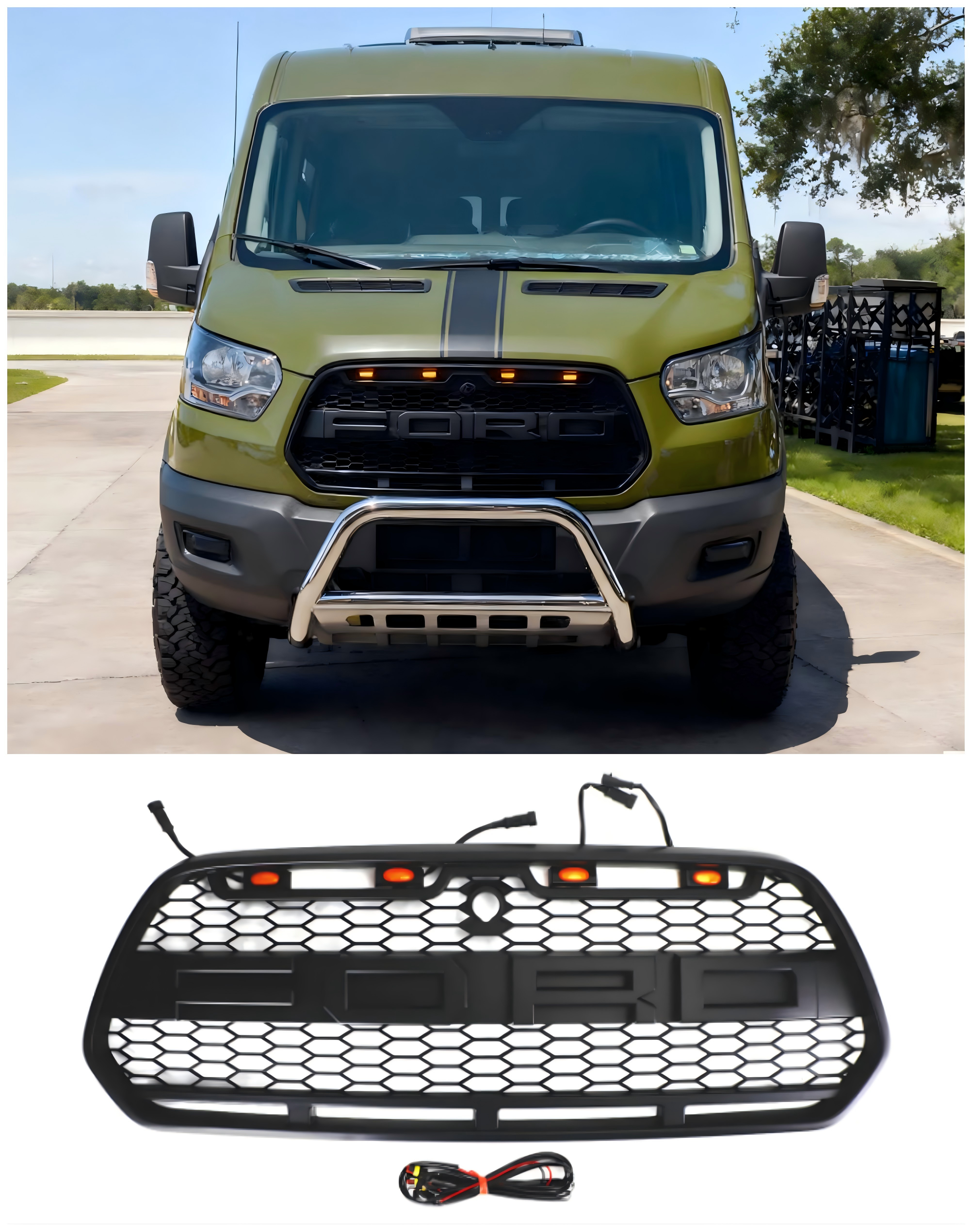 2015-2018 Ford Transit Mk8 Raptor Matt Black Front Front Frilhe Grill com LED