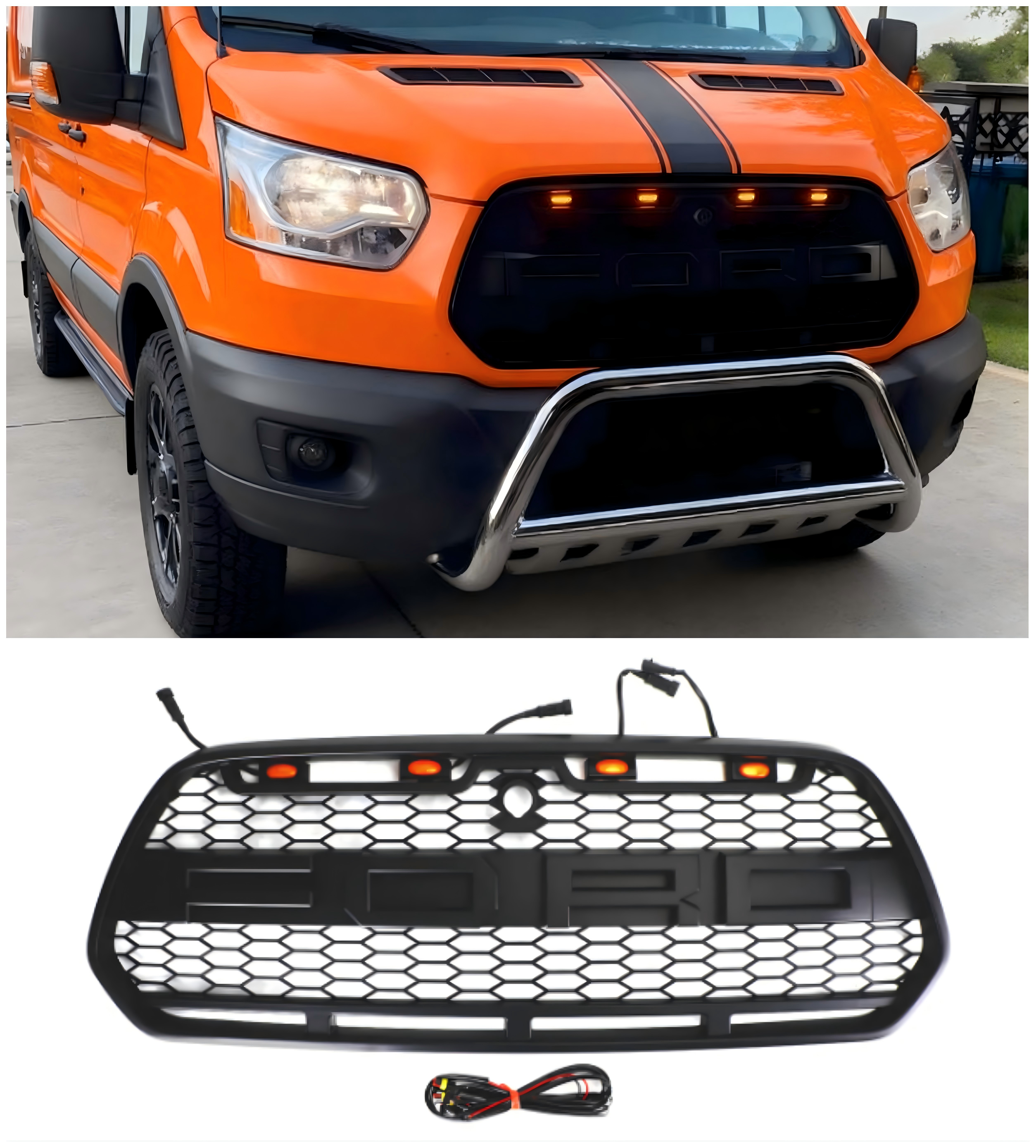 2015-2018 Ford Transit Mk8 Raptor Matt Black Front Front Frilhe Grill com LED