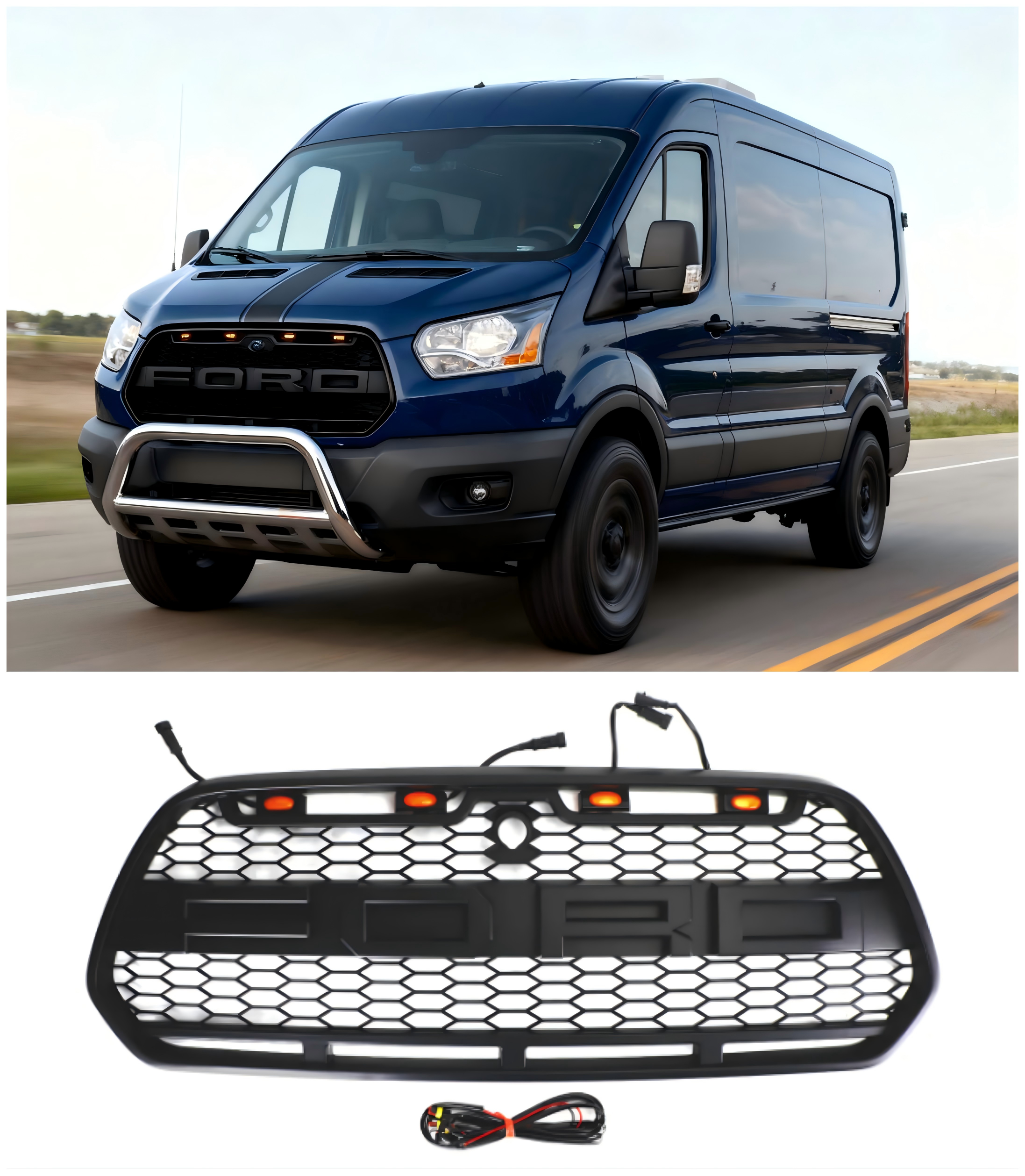 2015 2016 2017 2018 Ford Transit MK8 Raptor Matt Black Front Bumper Grille Grill m/LED