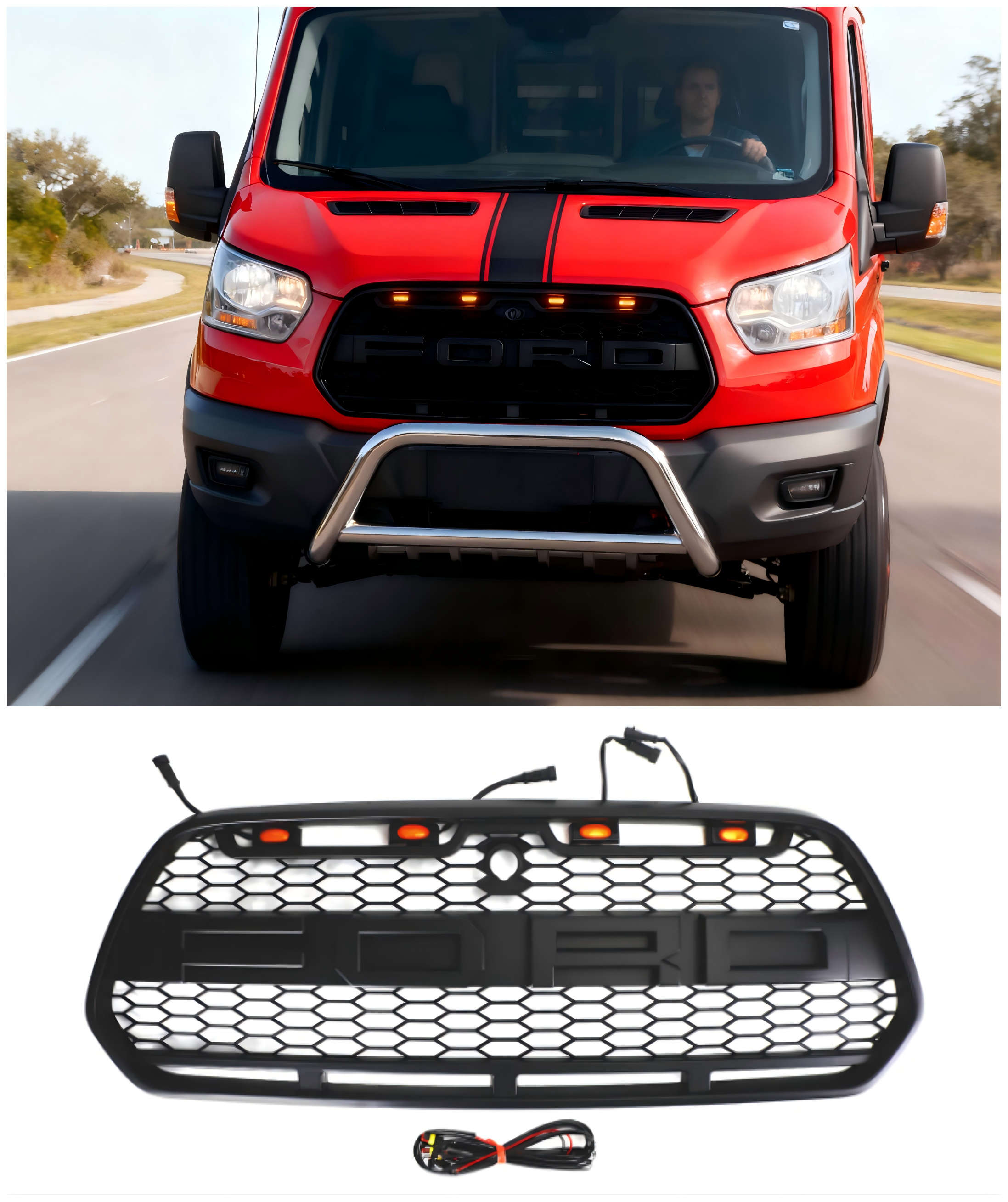 Grade de pára-choque dianteiro preto fosco com fita de led Ford Transit MK8 2015-2018 Raptor