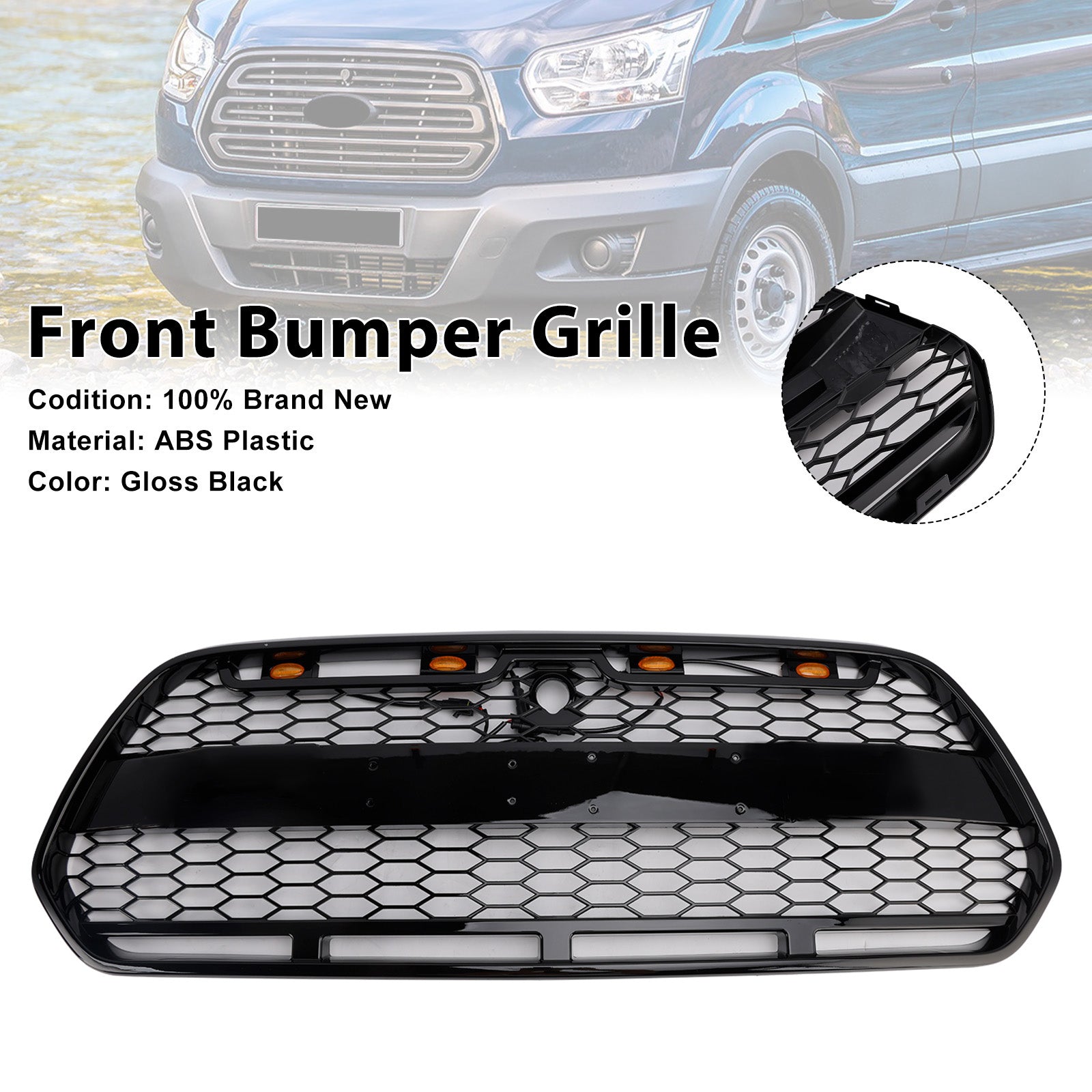 Parrilla de parachoques delantero para Ford Transit MK8 Raptor 2015-2018 con LED, color negro brillante
