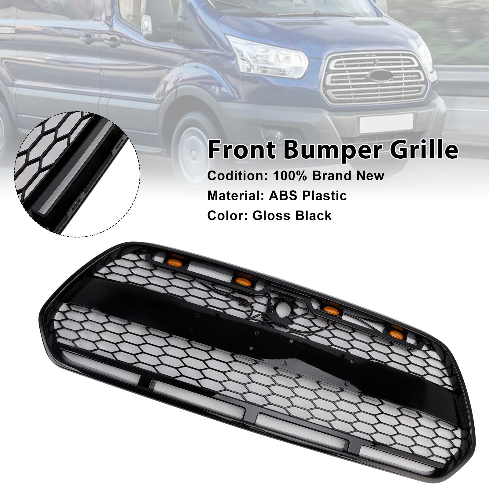 Parrilla de parachoques delantero para Ford Transit MK8 Raptor 2015-2018 con LED, color negro brillante