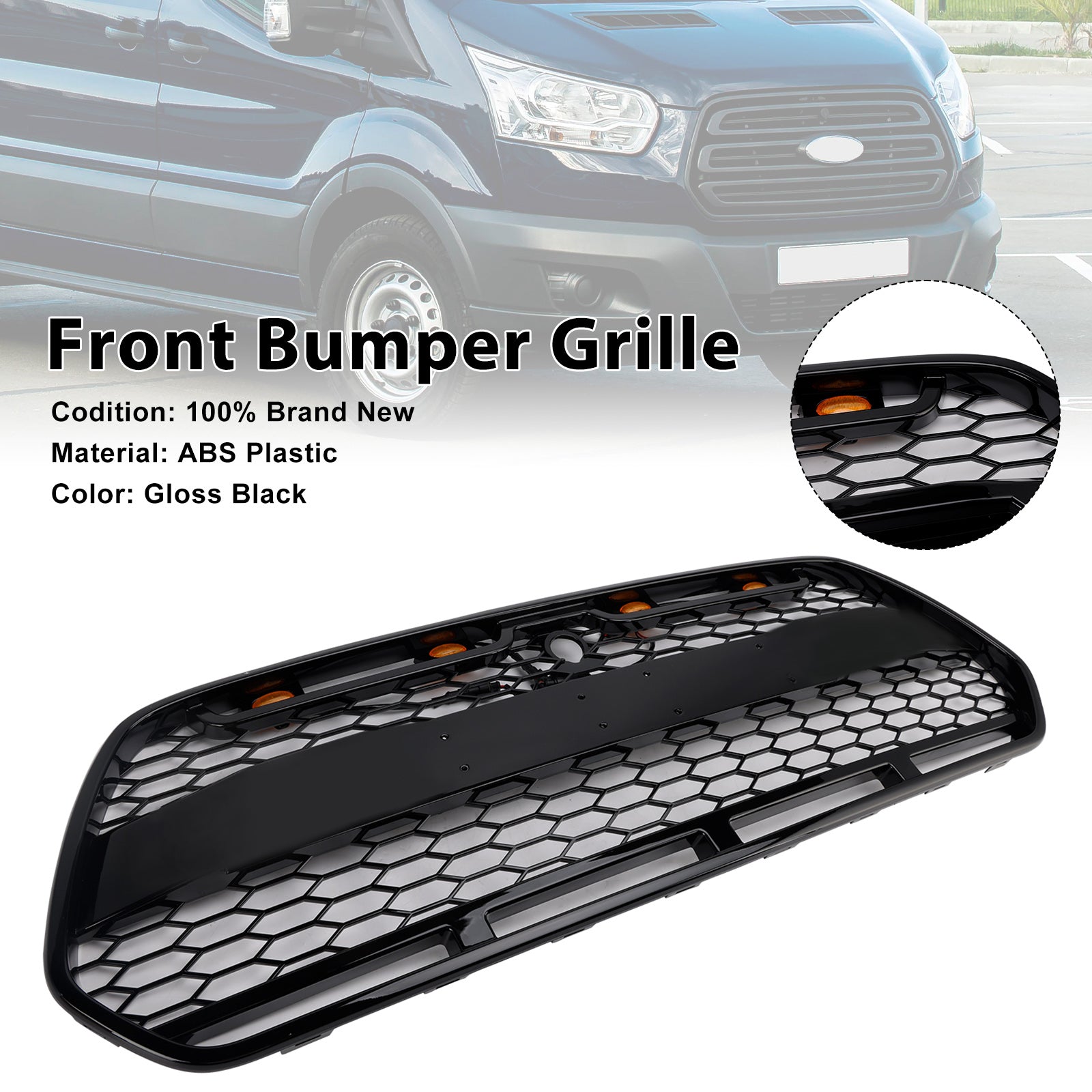 Parrilla de parachoques delantero para Ford Transit MK8 Raptor 2015-2018 con LED, color negro brillante