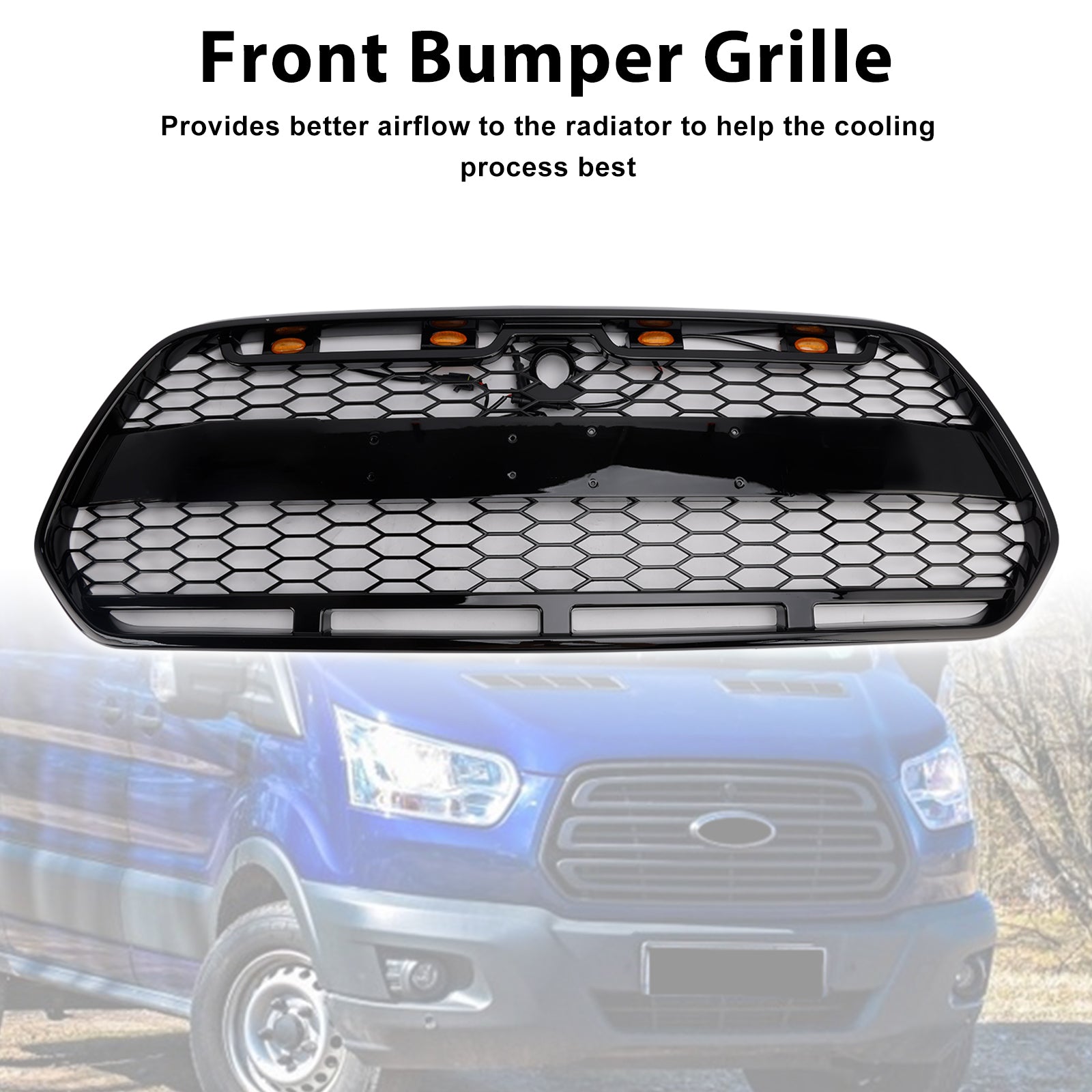 Parrilla de parachoques delantero para Ford Transit MK8 Raptor 2015-2018 con LED, color negro brillante