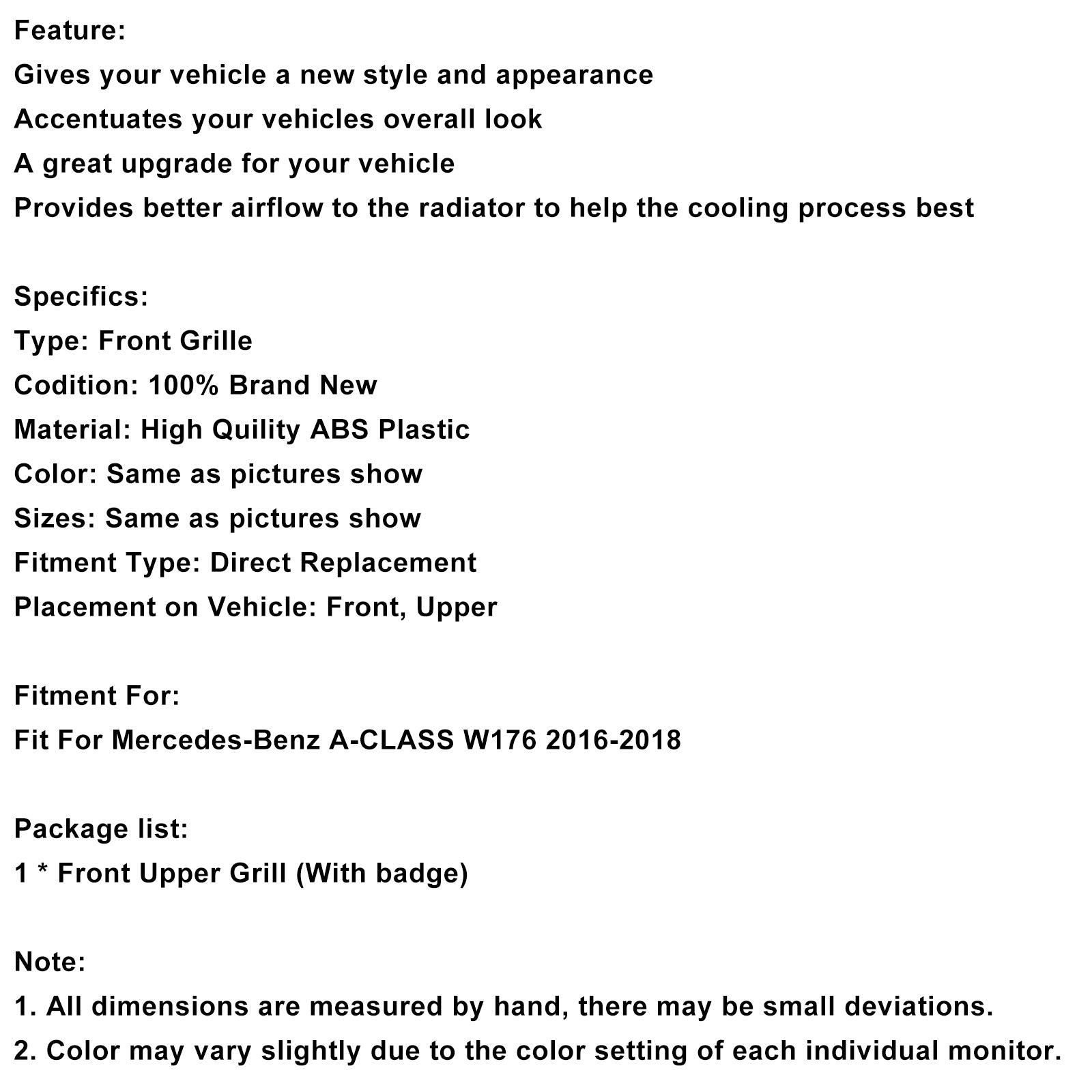 MERCEDES BENZ CLASSE A 2016-2018 W176 Grille de pare-chocs avant style GTR