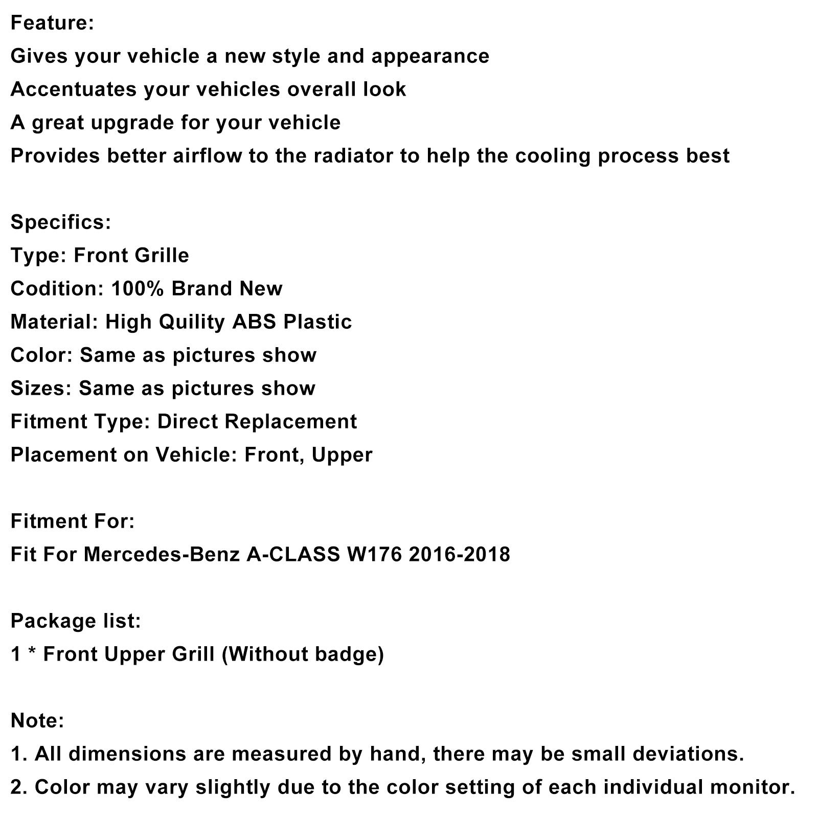 2016-2018 MERCEDES BENZ A-KLASSE W176 Diamond Front Bumper Grille Grill