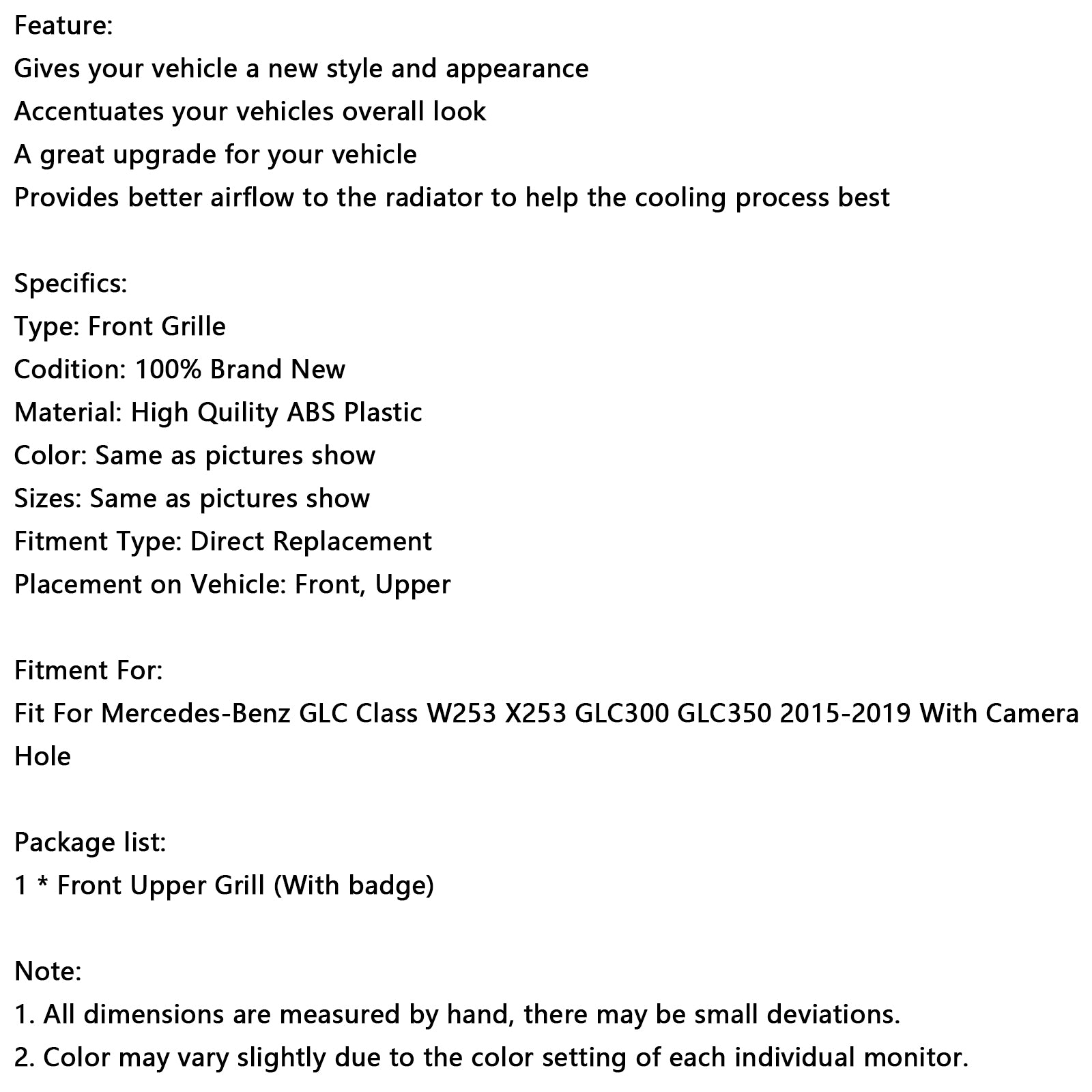 2015-2019 Mercedes Benz GLC X253 C253 Front Bumper Grill Grill Gloss Black