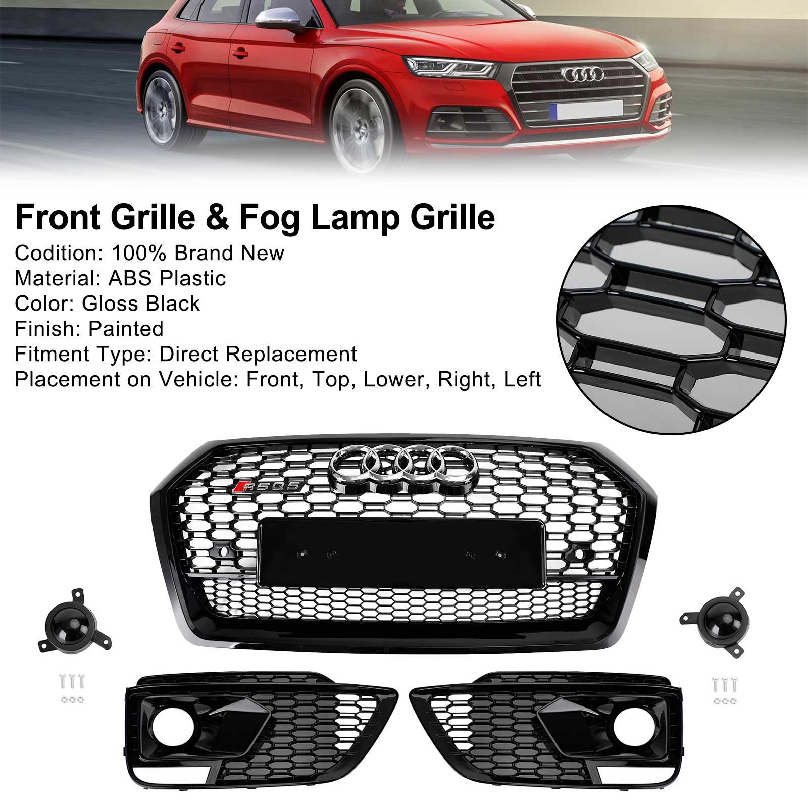 Grille avant en nid d'abeille + calandre de phare antibrouillard pour Audi Q5 SQ5 RSQ5 2018 – 2020