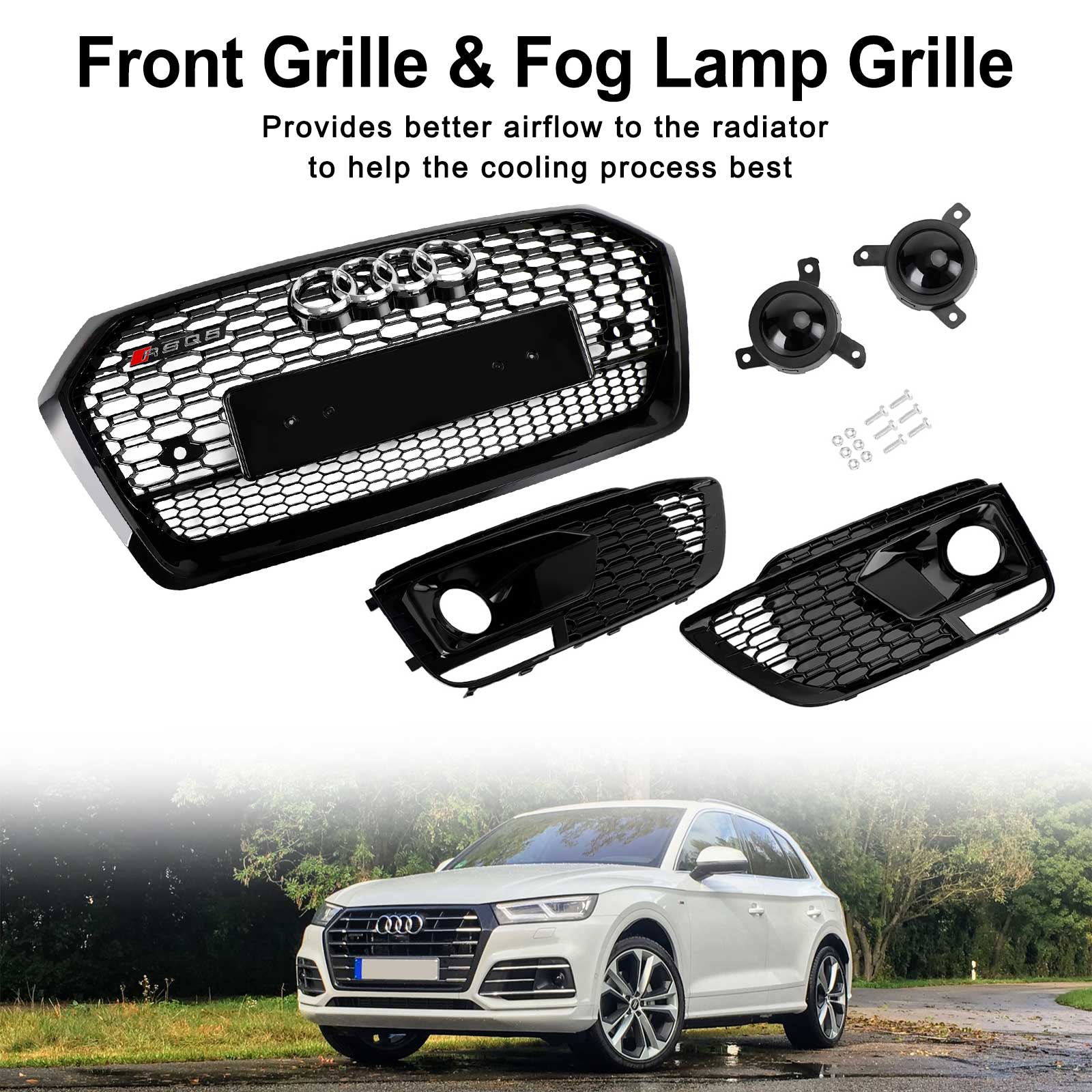 Grille avant en nid d'abeille + calandre de phare antibrouillard pour Audi Q5 SQ5 RSQ5 2018 – 2020