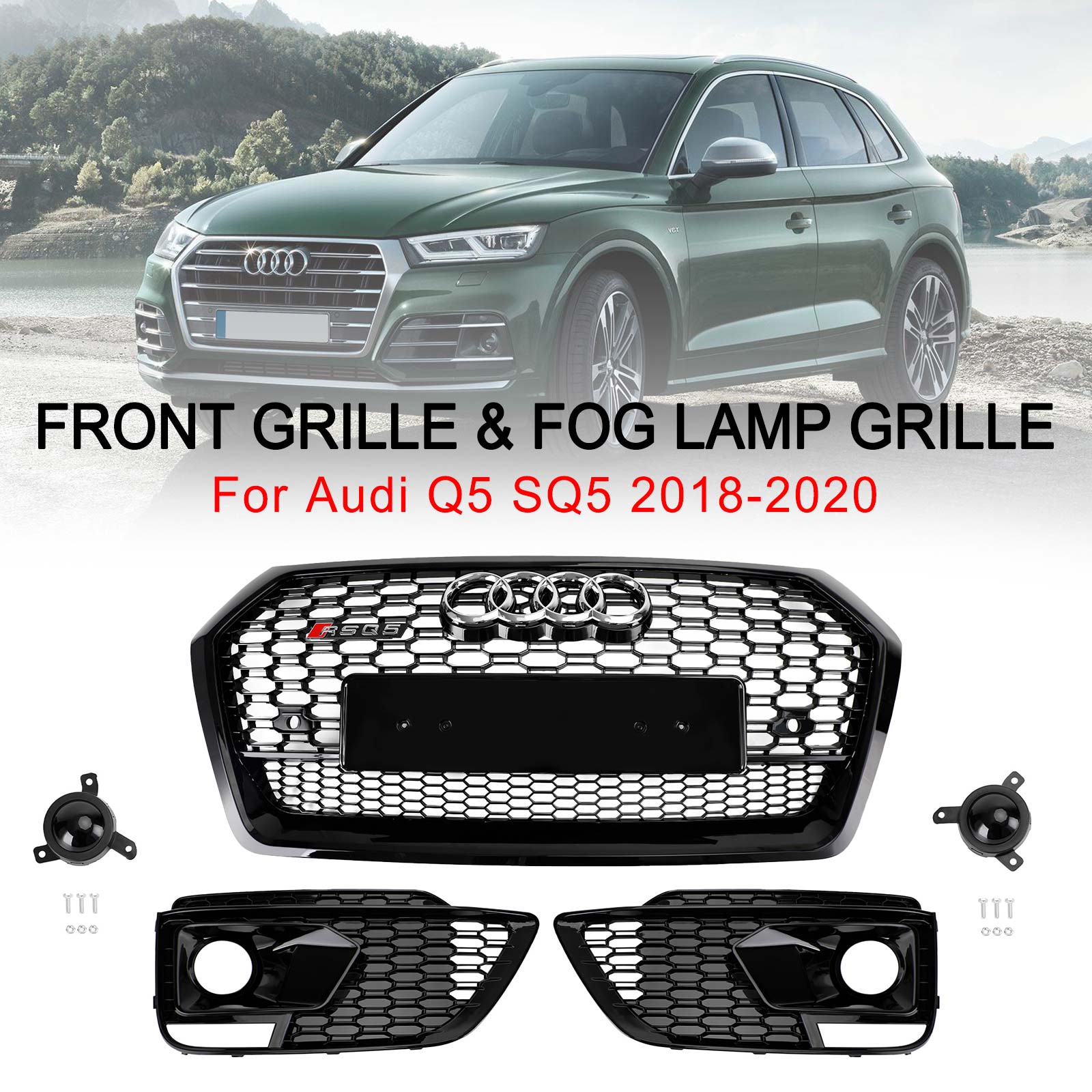 Grille avant en nid d'abeille + calandre de phare antibrouillard pour Audi Q5 SQ5 RSQ5 2018 – 2020