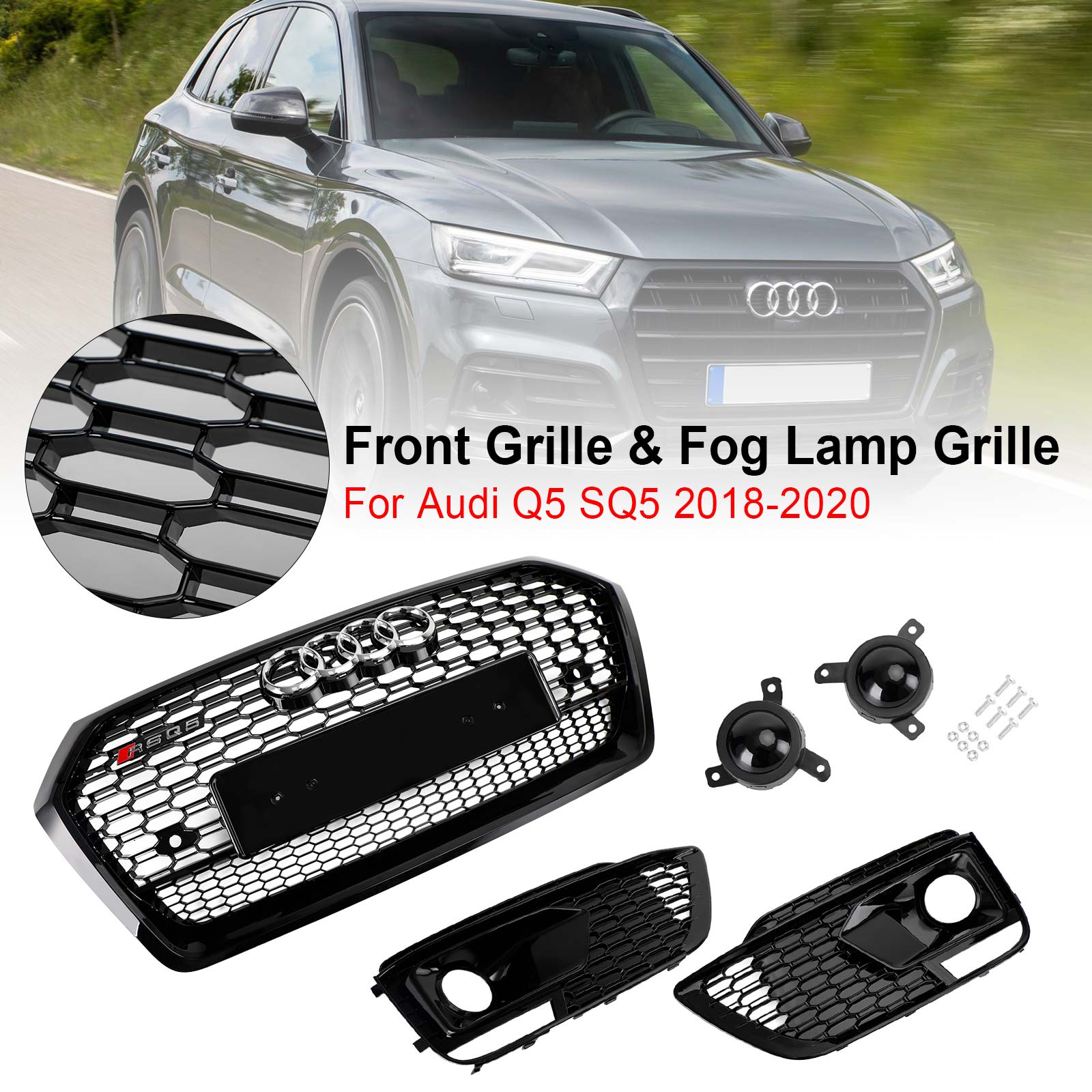 Grille avant en nid d'abeille + calandre de phare antibrouillard pour Audi Q5 SQ5 RSQ5 2018 – 2020