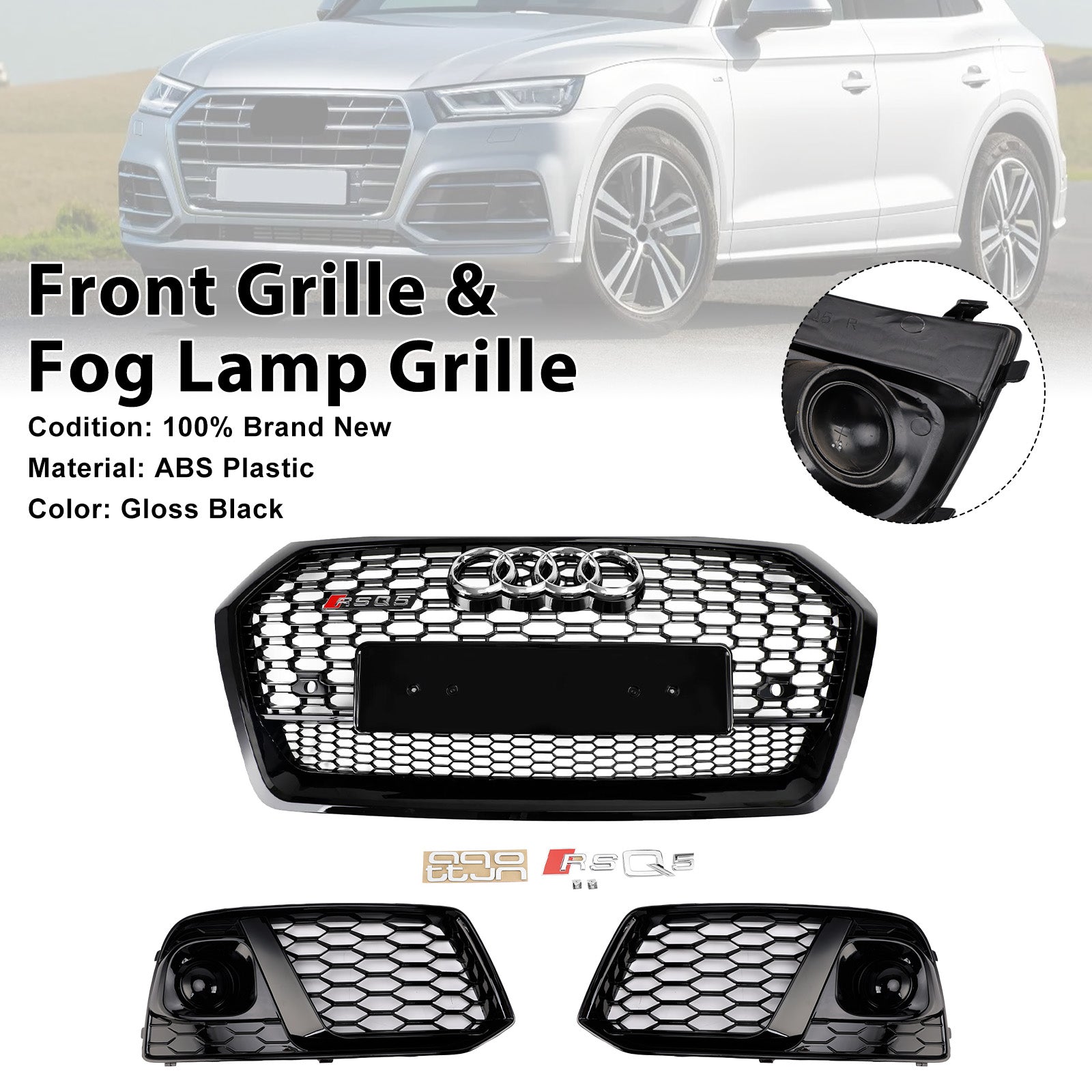 2018 2019 Audi Q5 SQ5 Front Honeycomb Mesh Grill + Fog Lamp Grille