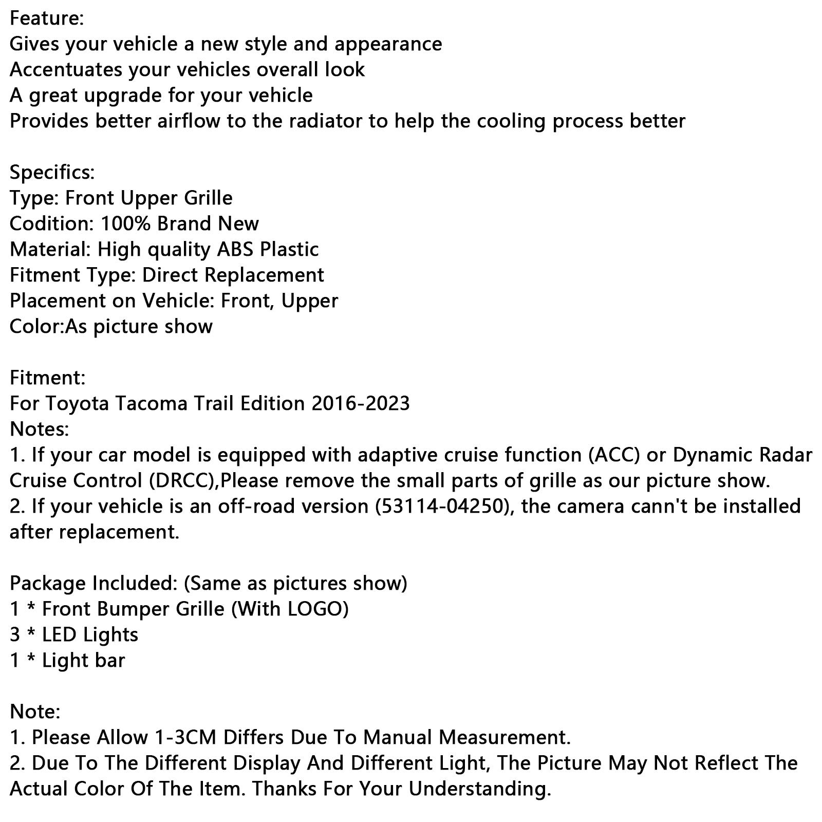 2016-2023 Toyota Tacoma com grade de pára-choque dianteiro leve LED Grill