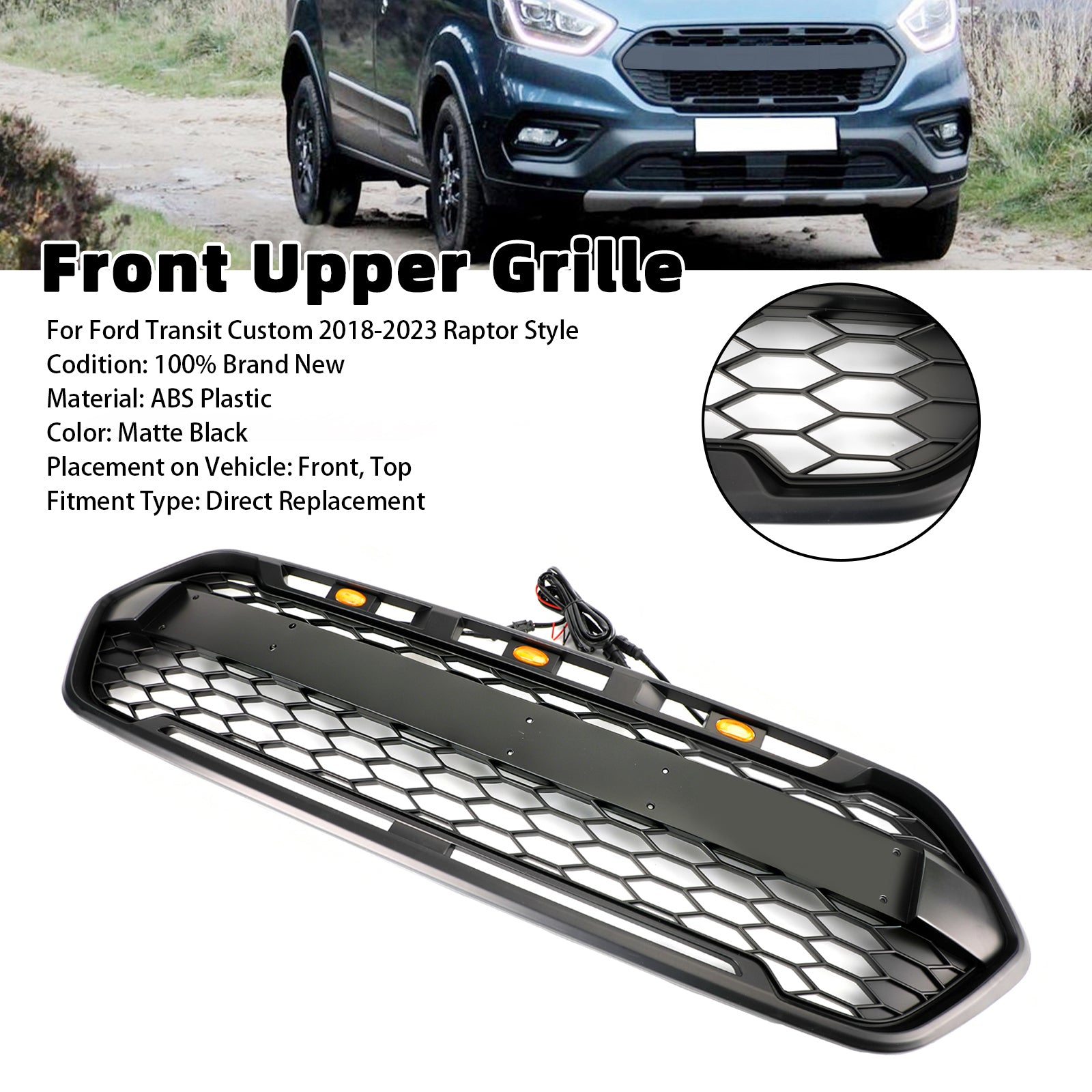 Raptor Style 2018-2023 Ford Transit Custom Trail met 3LED matzwarte voorbumpergrille