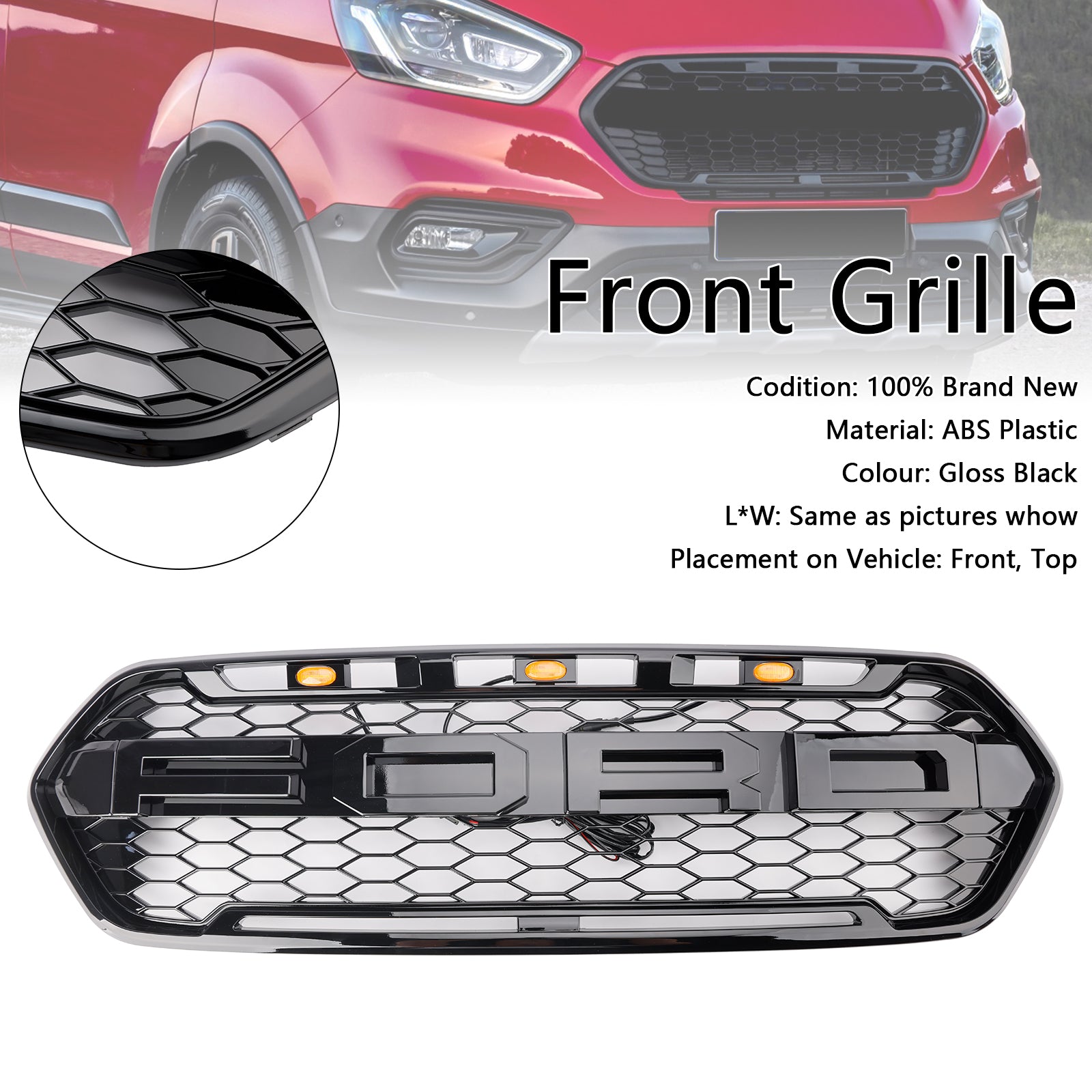 2018-2023 met 3LED glanzend zwarte Ford Transit Custom Trail met 3LED voorbumpergrille