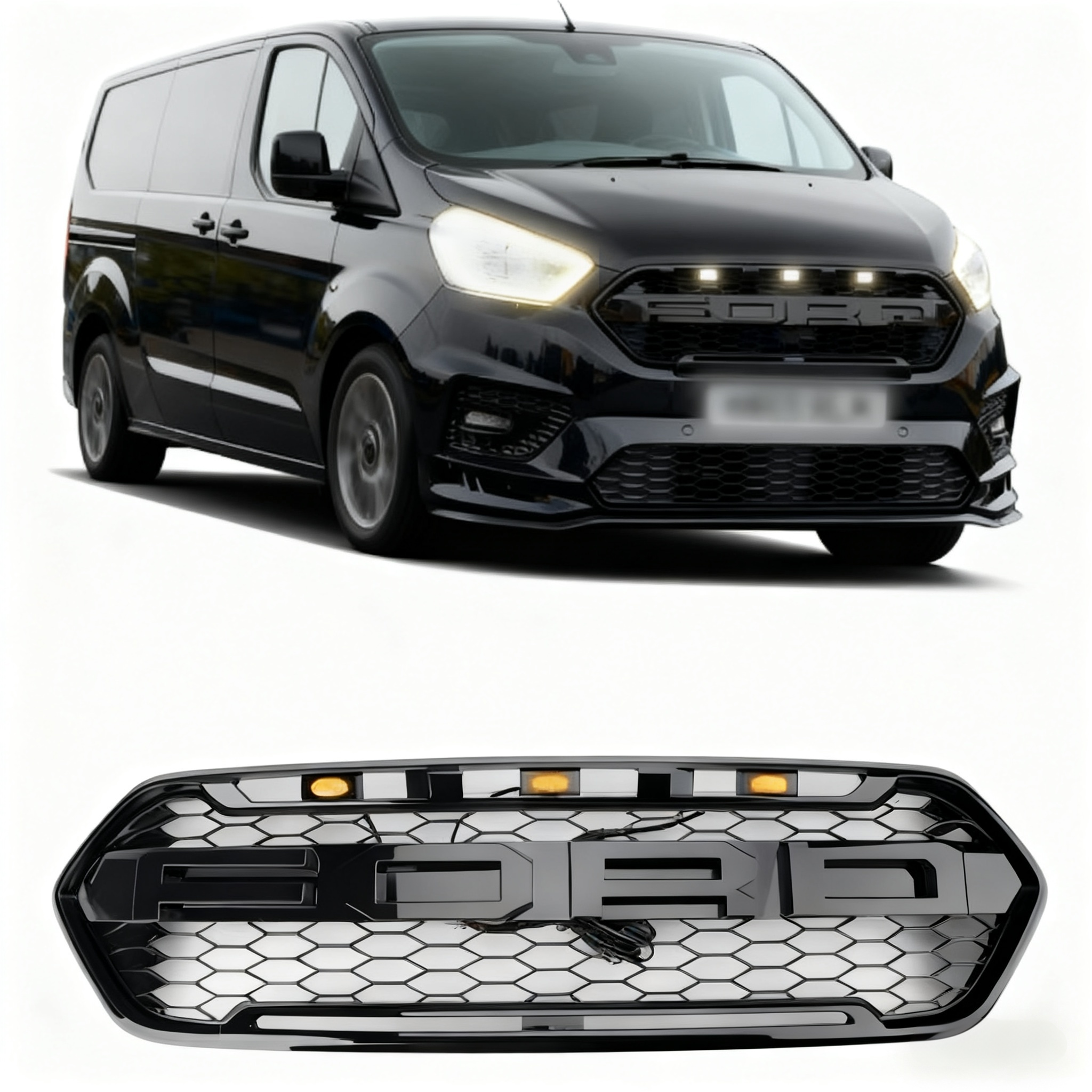 2018-2023 w/ 3LED Gloss Black Ford Transit Custom Trail w/ 3LED FRONT BUMPER GRILLE