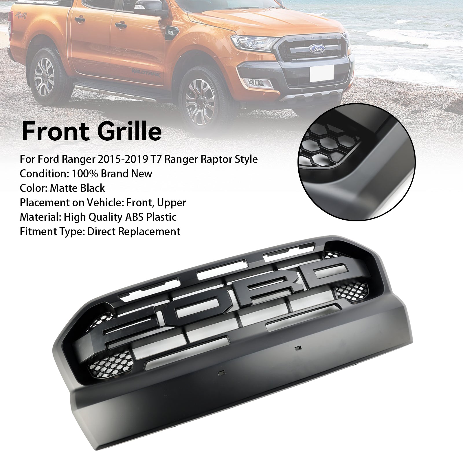 2015-2019 Ford Ranger T7 Matt Black Ranger Raptor Style Front Bumper Grill