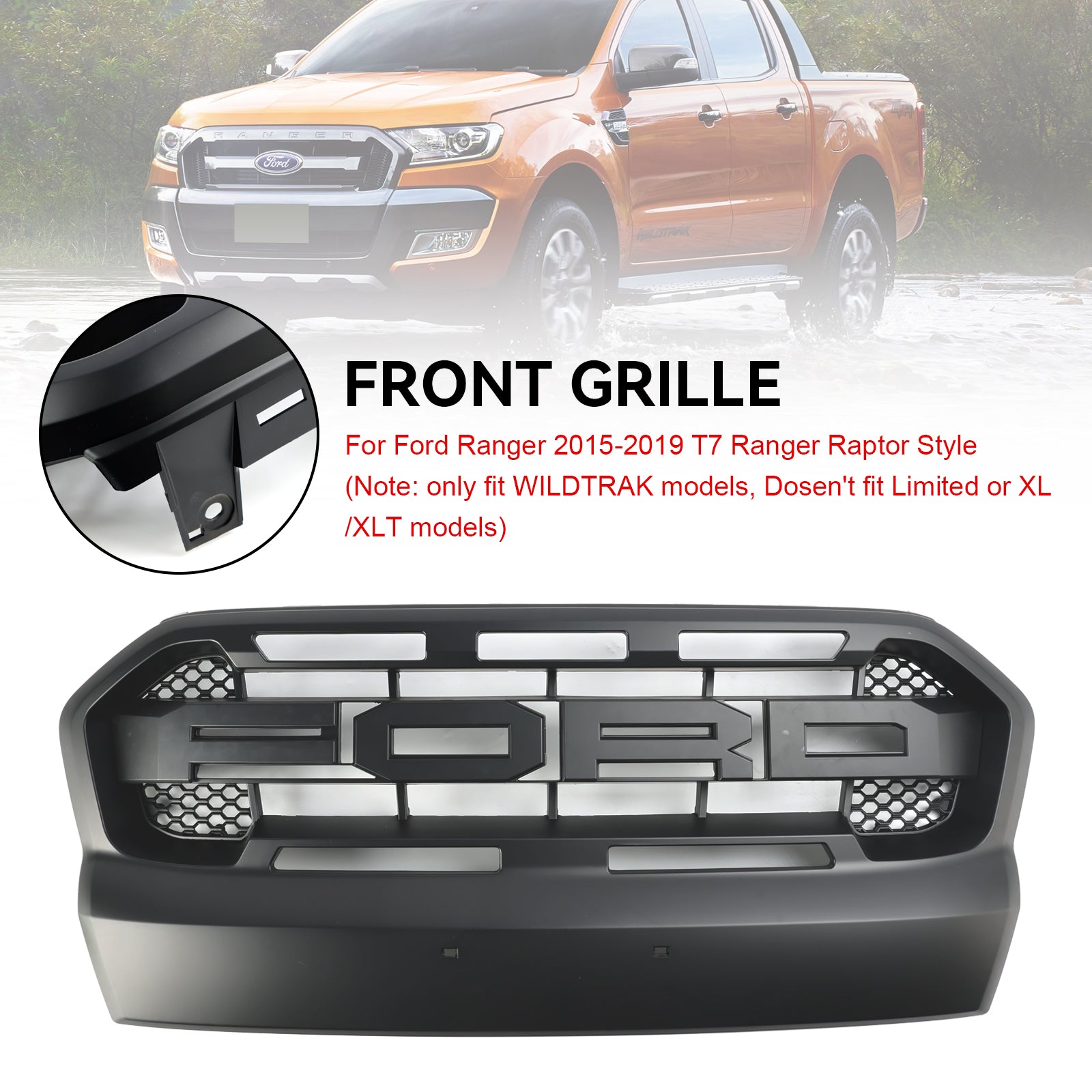 2015-2019 Ford Ranger T7 Matt Black Ranger Raptor Style Front Bumper Grill