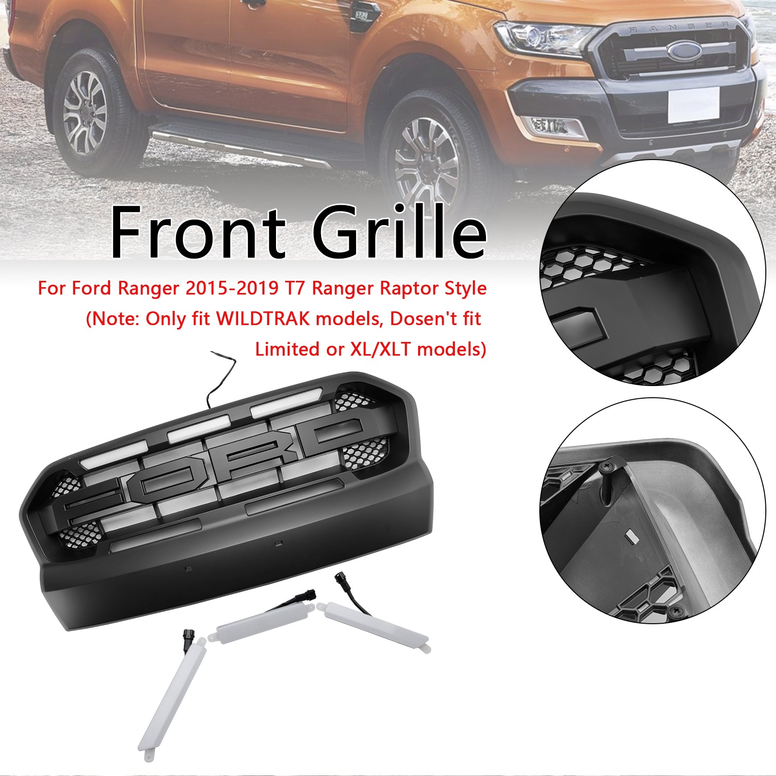 Grille de pare-chocs avant de style Raptor pour Ford Ranger T7 avec LED 2015-2019