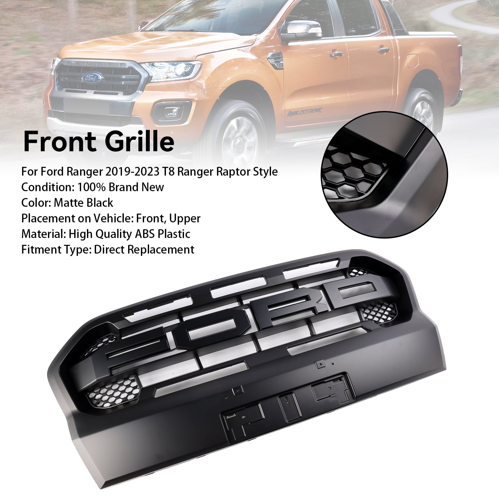 2019-2023 Ford Ranger T8 Matt Black Ranger Raptor estilo grade do para-choque dianteiro