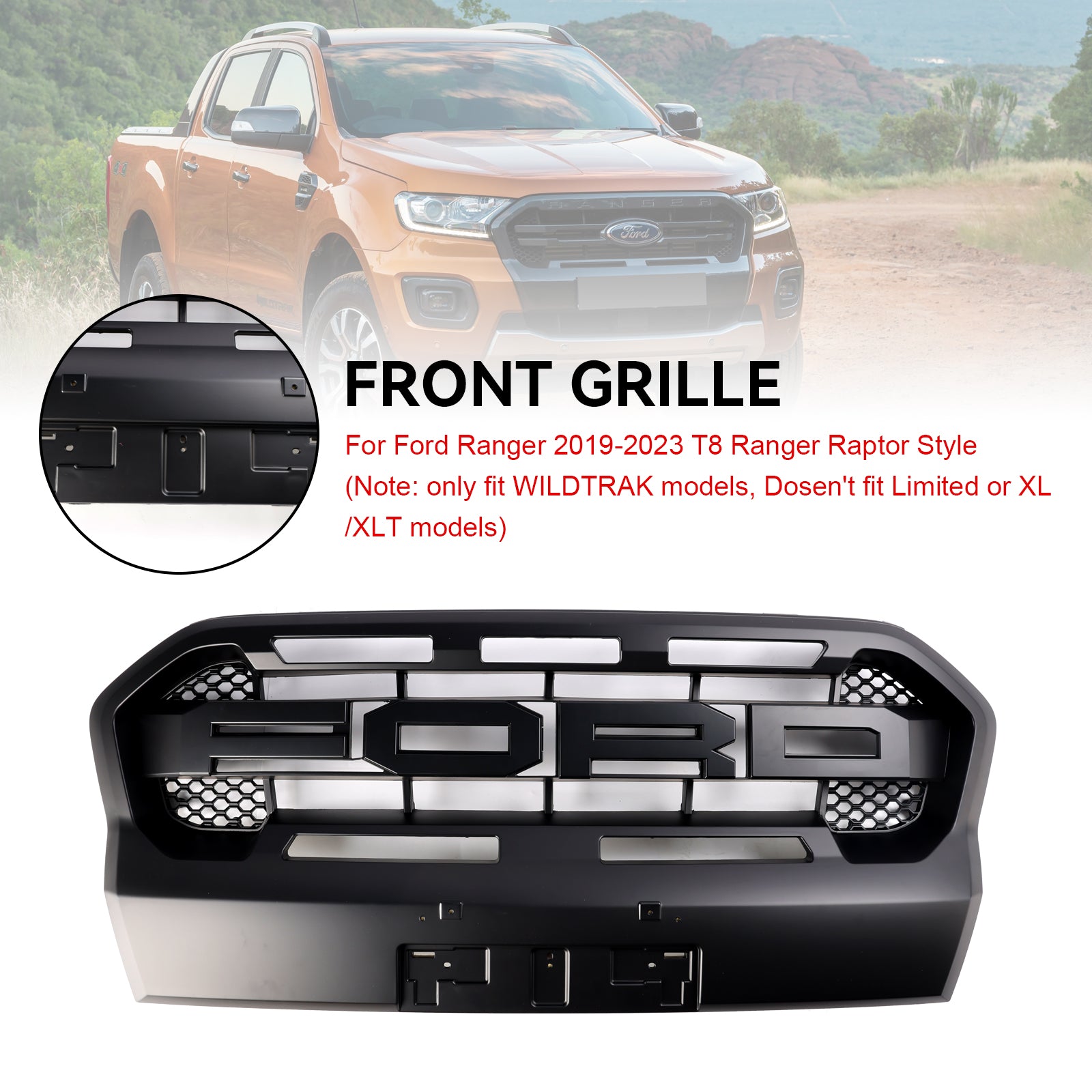 2019-2023 T8 Ford Ranger Ranger Raptor Style voorbumpergrille mat zwart