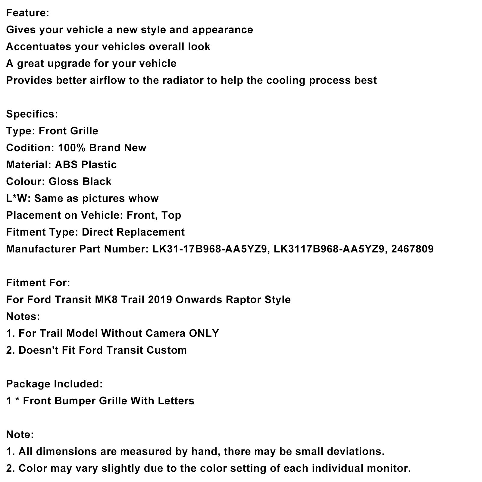 Predný nárazník mriežka 2467809 Fit Ford Transit MK8 Trail 2019-Onwards Raptor Style