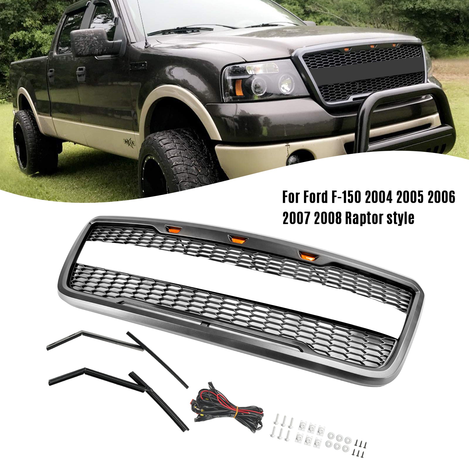 2004-2008 Ford F150 Raptor Style Front Mesh Hood Grille Grill med LED
