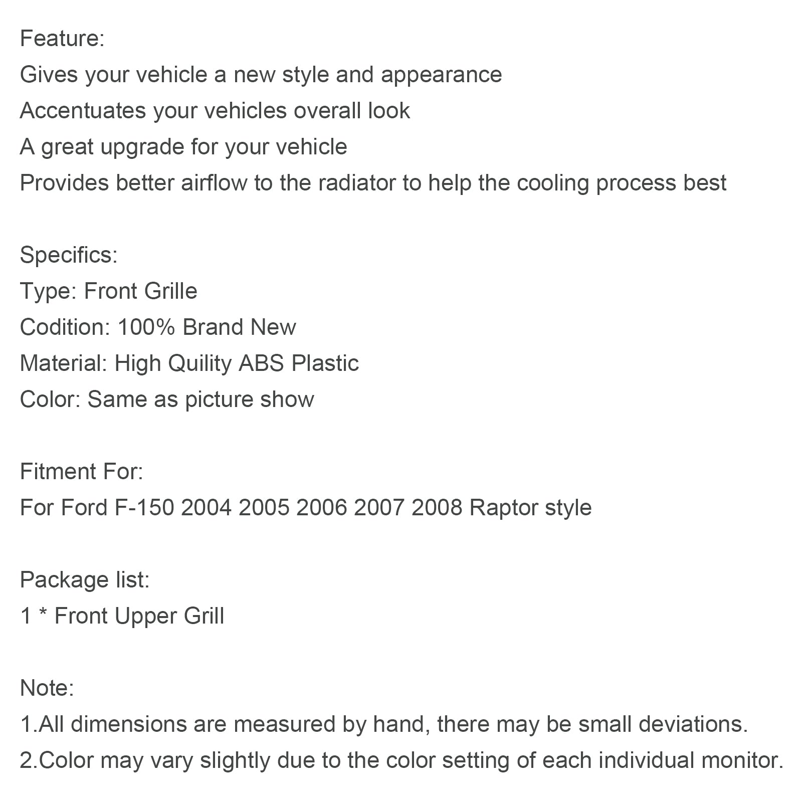2004 2005 2006 2007 2008 Ford F150 Raptor Style Grille de capot avant en maille avec LED